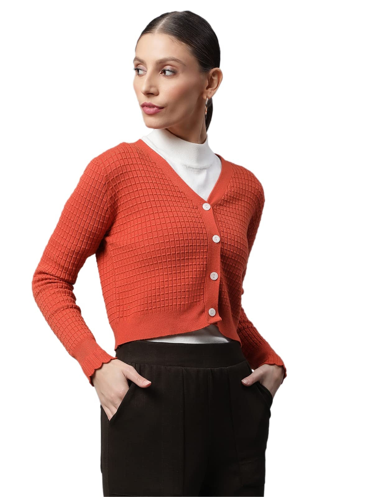 Rust Jacquard Crop Cardigan - Global Republic