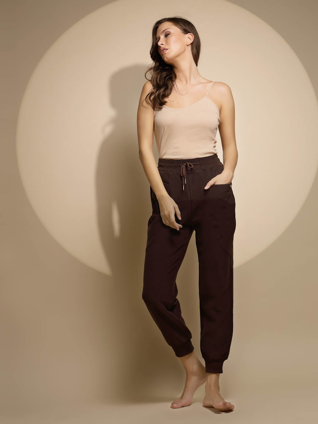 Brown Solid High Rise Jogger - Global Republic