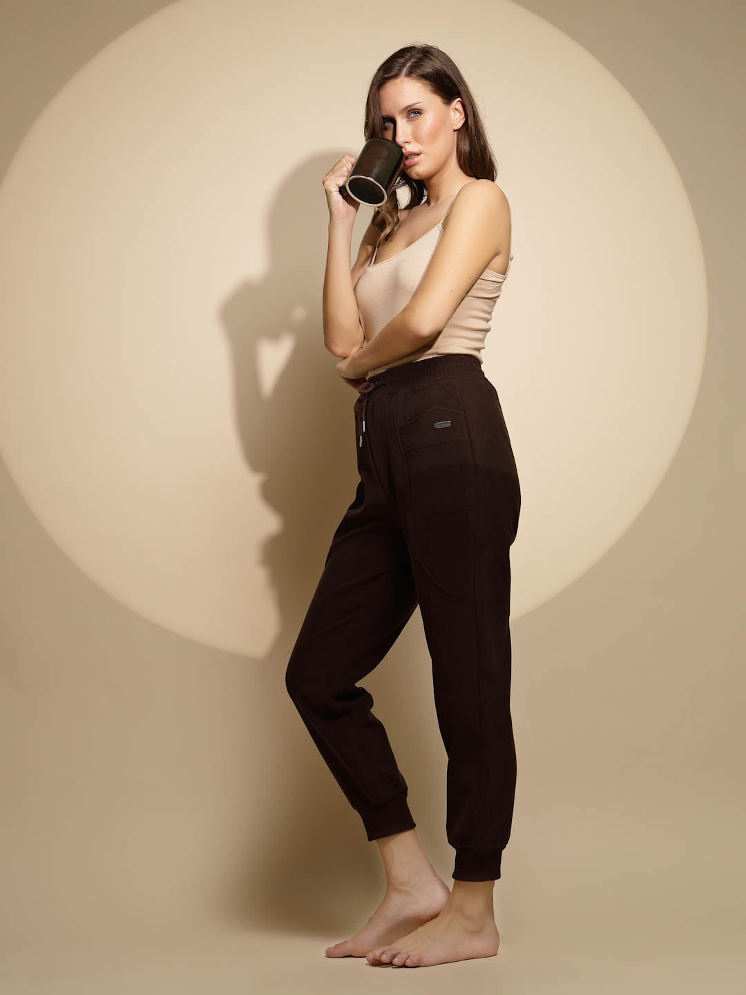 Brown Solid High Rise Jogger - Global Republic