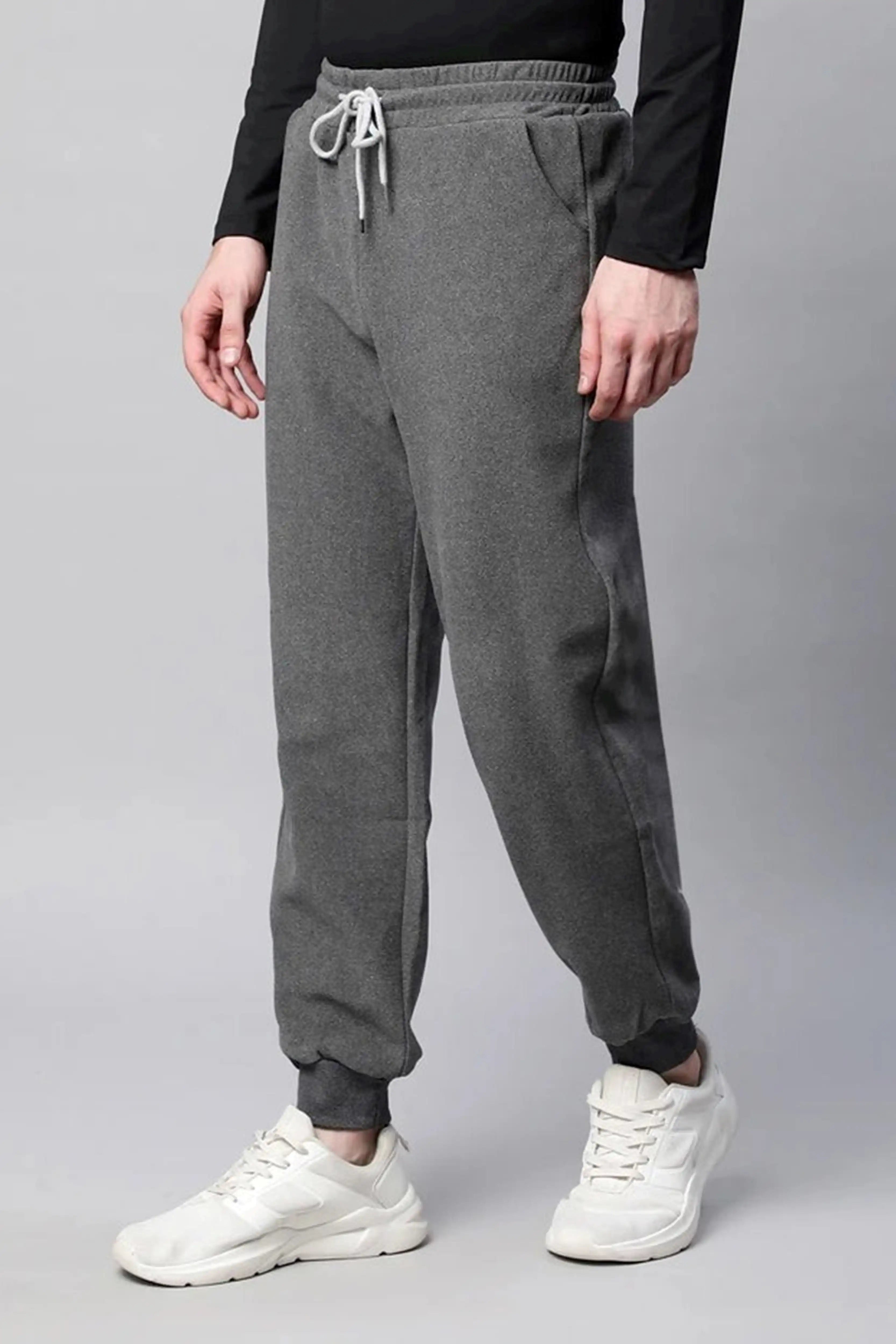Grey Solid Cotton Blend Winter Joggers