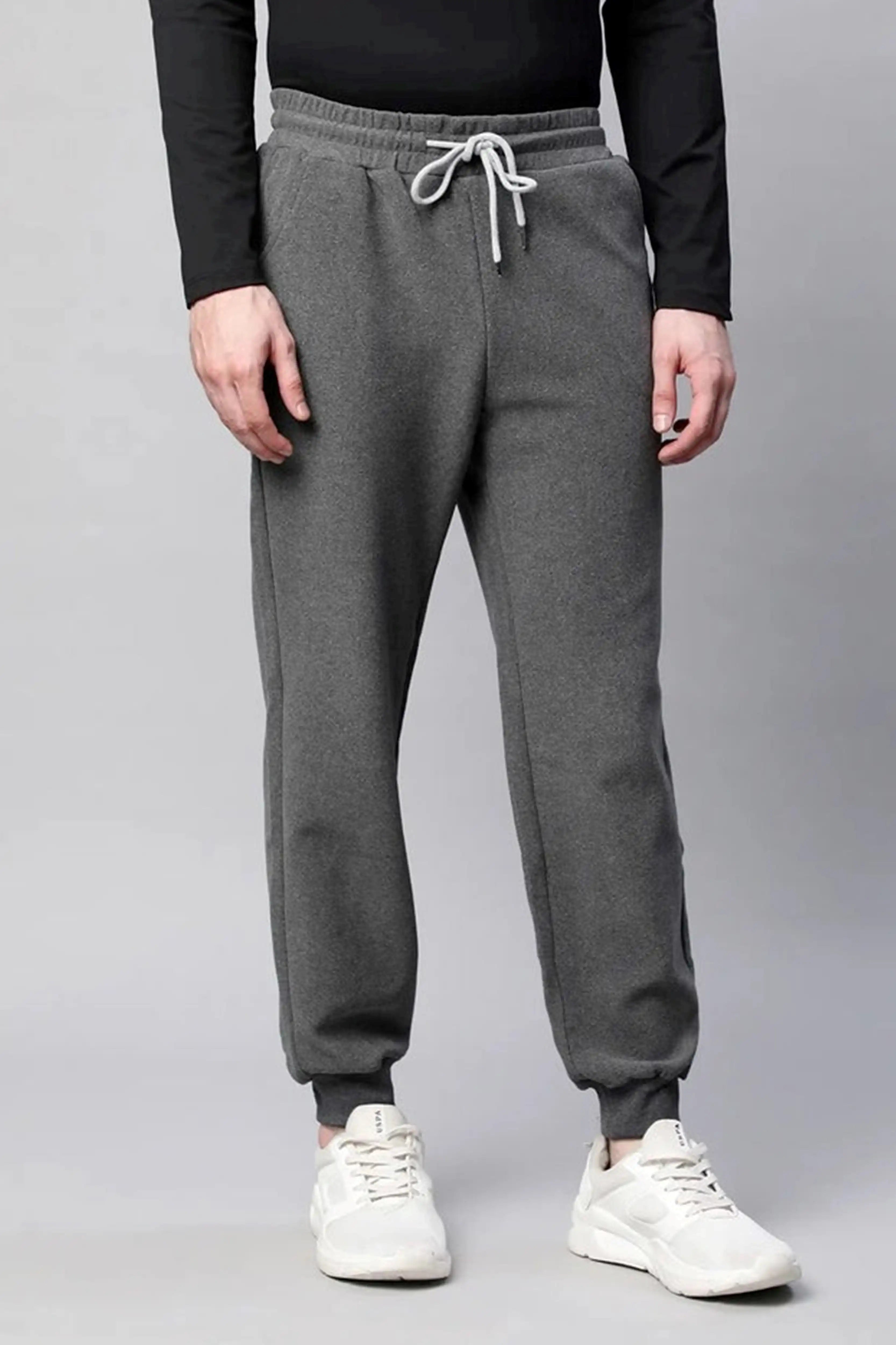 Grey Solid Cotton Blend Winter Joggers