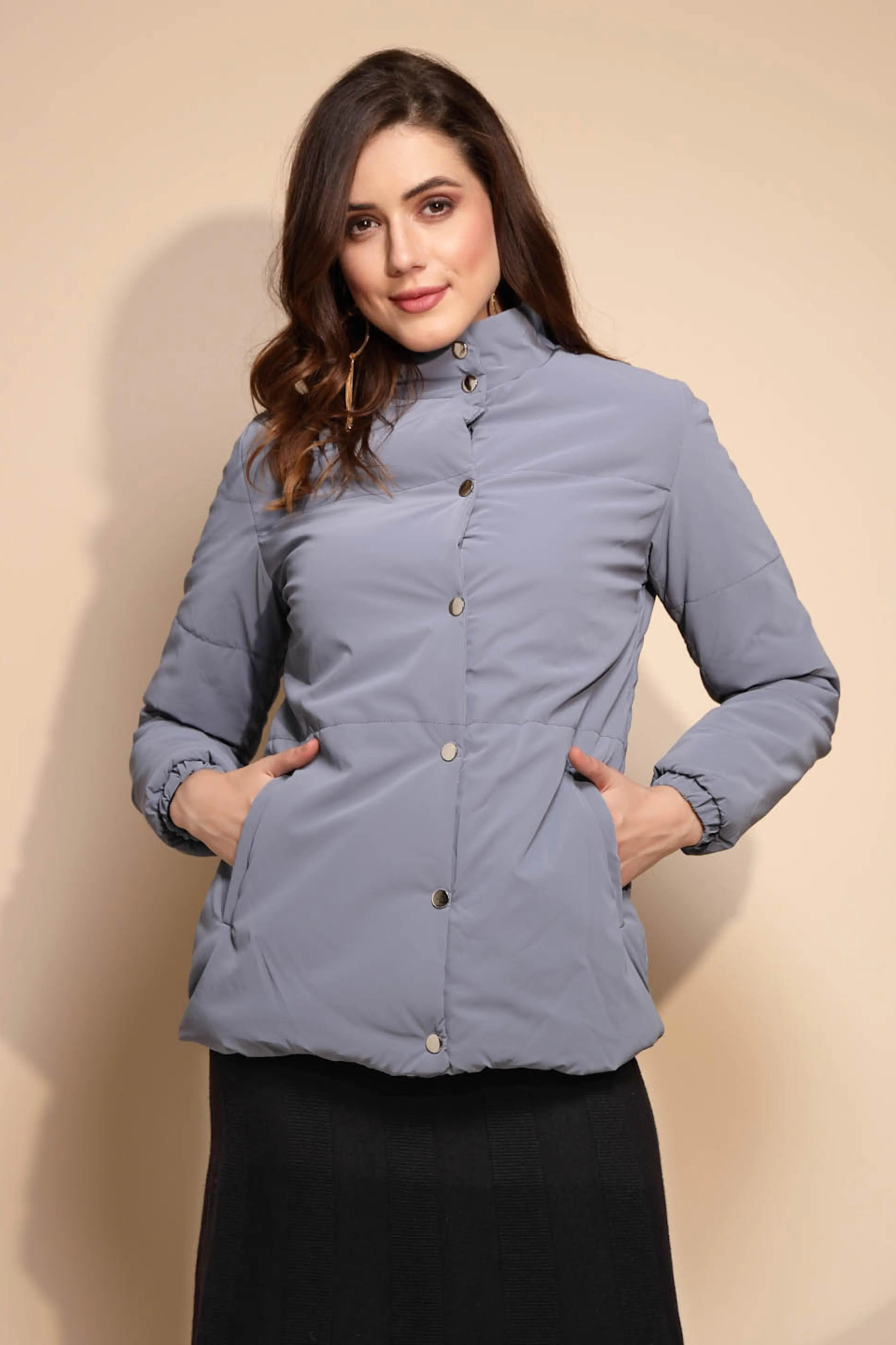 Grey Solid Puffer Jacket - Global Republic