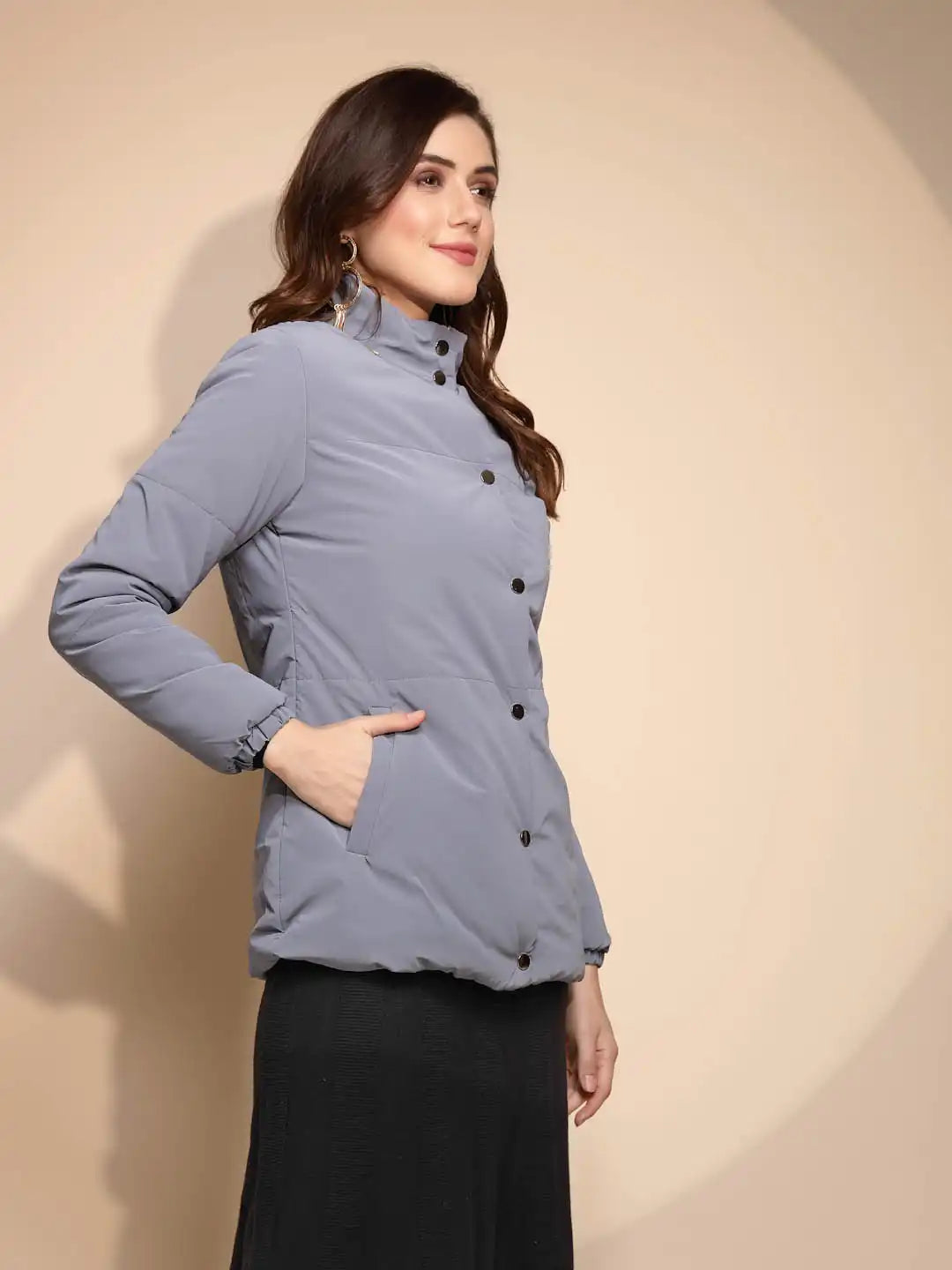 Grey Solid Puffer Jacket - Global Republic