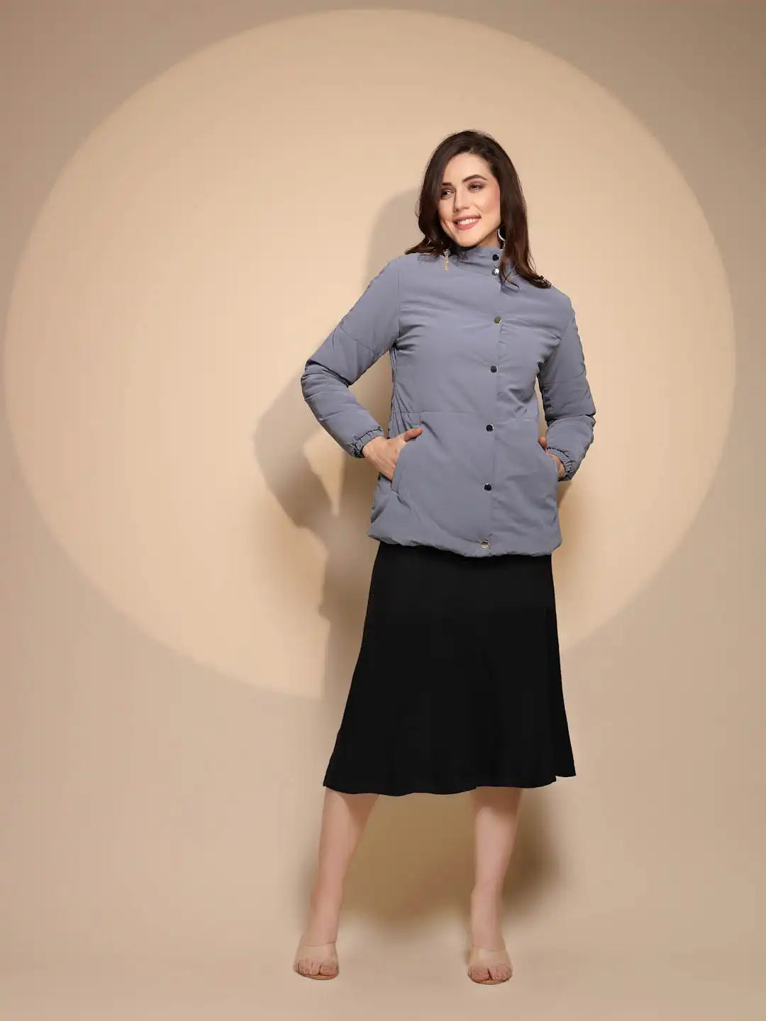 Grey Solid Puffer Jacket - Global Republic