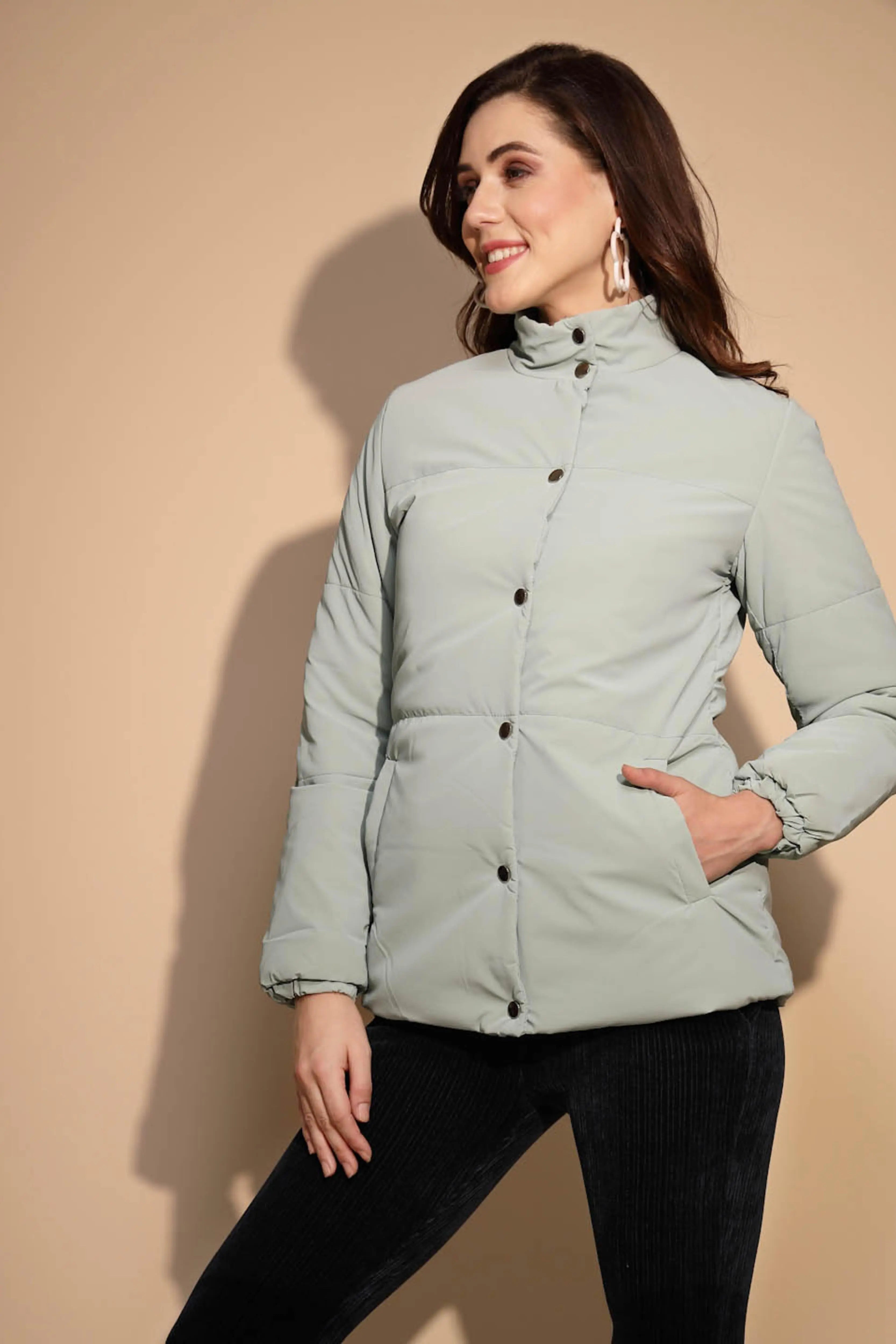 Green Solid Puffer Jacket - Global Republic