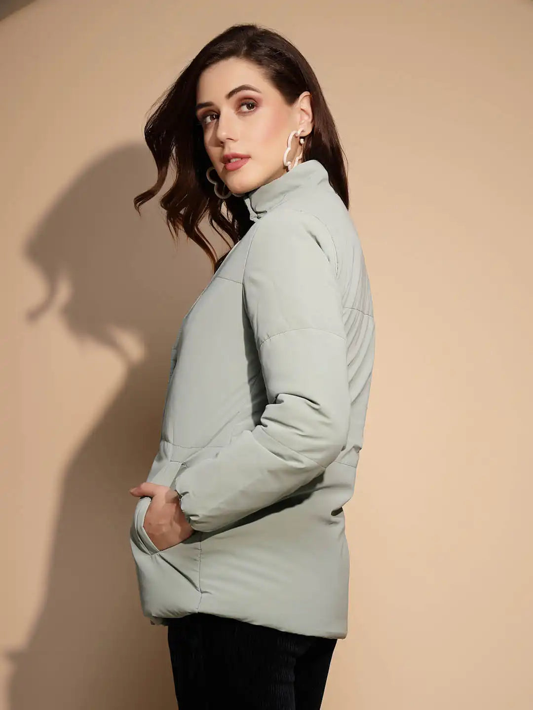 Green Solid Puffer Jacket - Global Republic