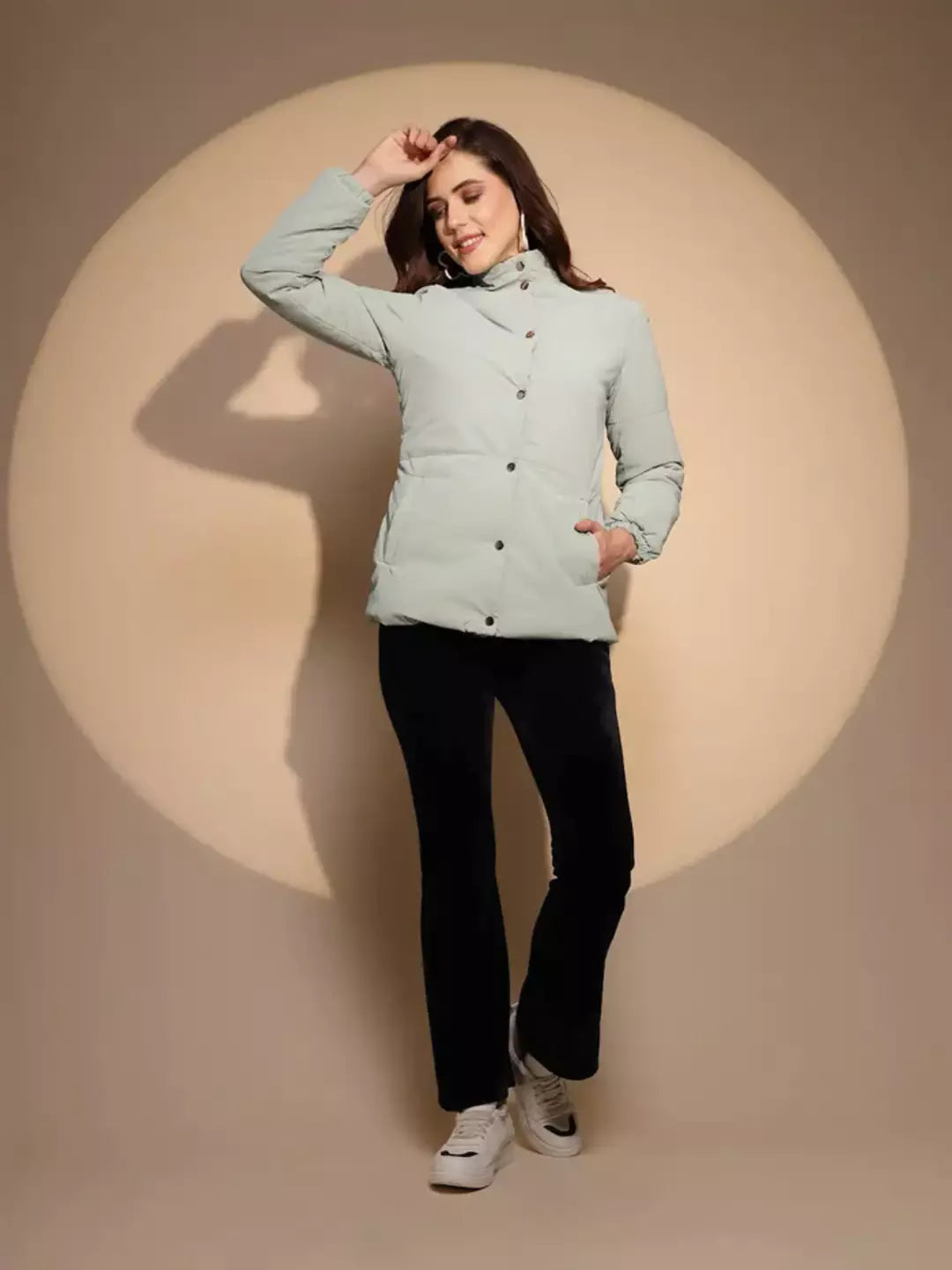 Green Solid Puffer Jacket - Global Republic