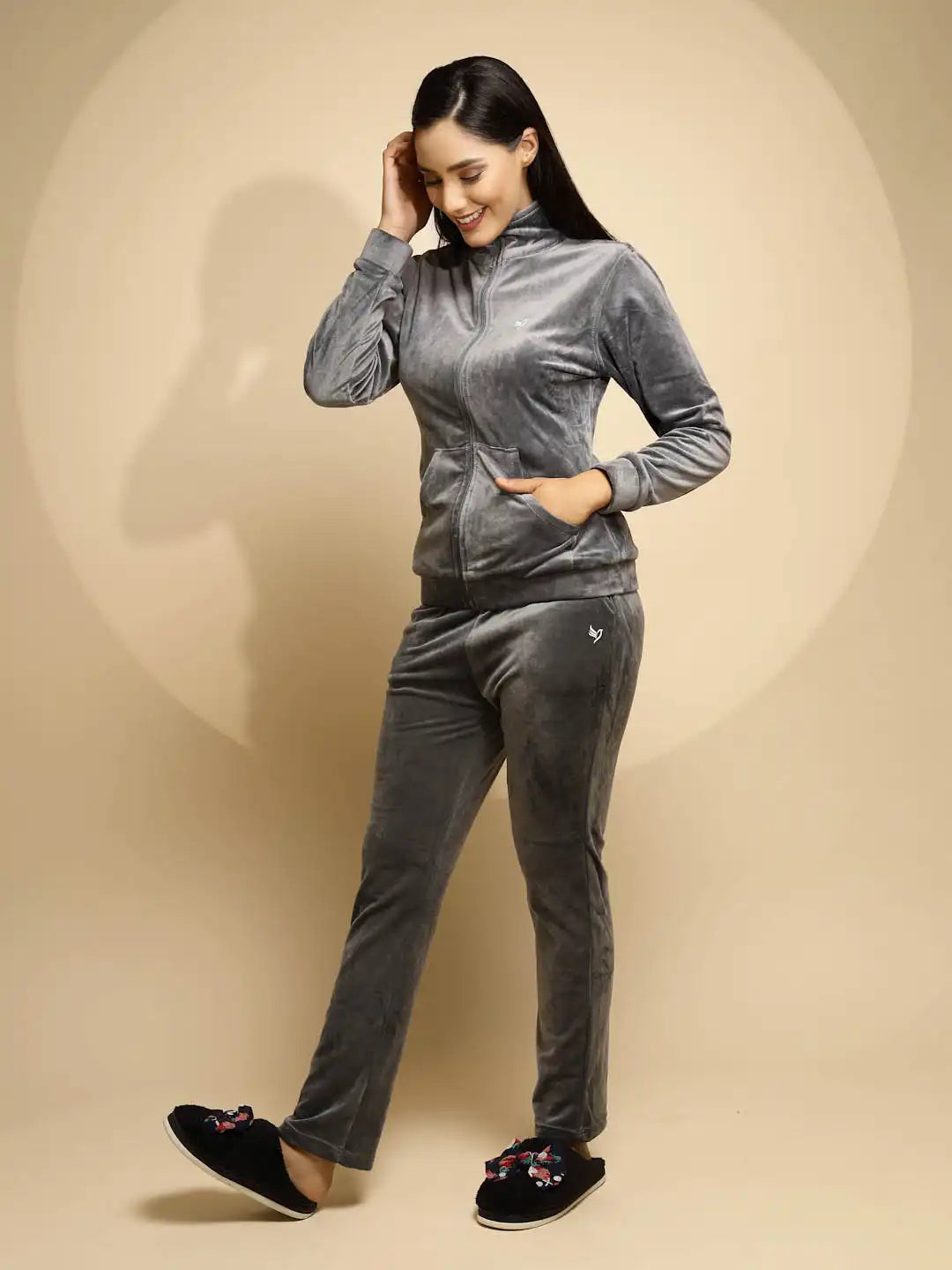 Grey Solid Full Sleeve Round Neck Hosiery Night Suit - Global Republic