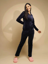 Blue Solid Full Sleeve Collared Neck Hosiery Night Suit Set