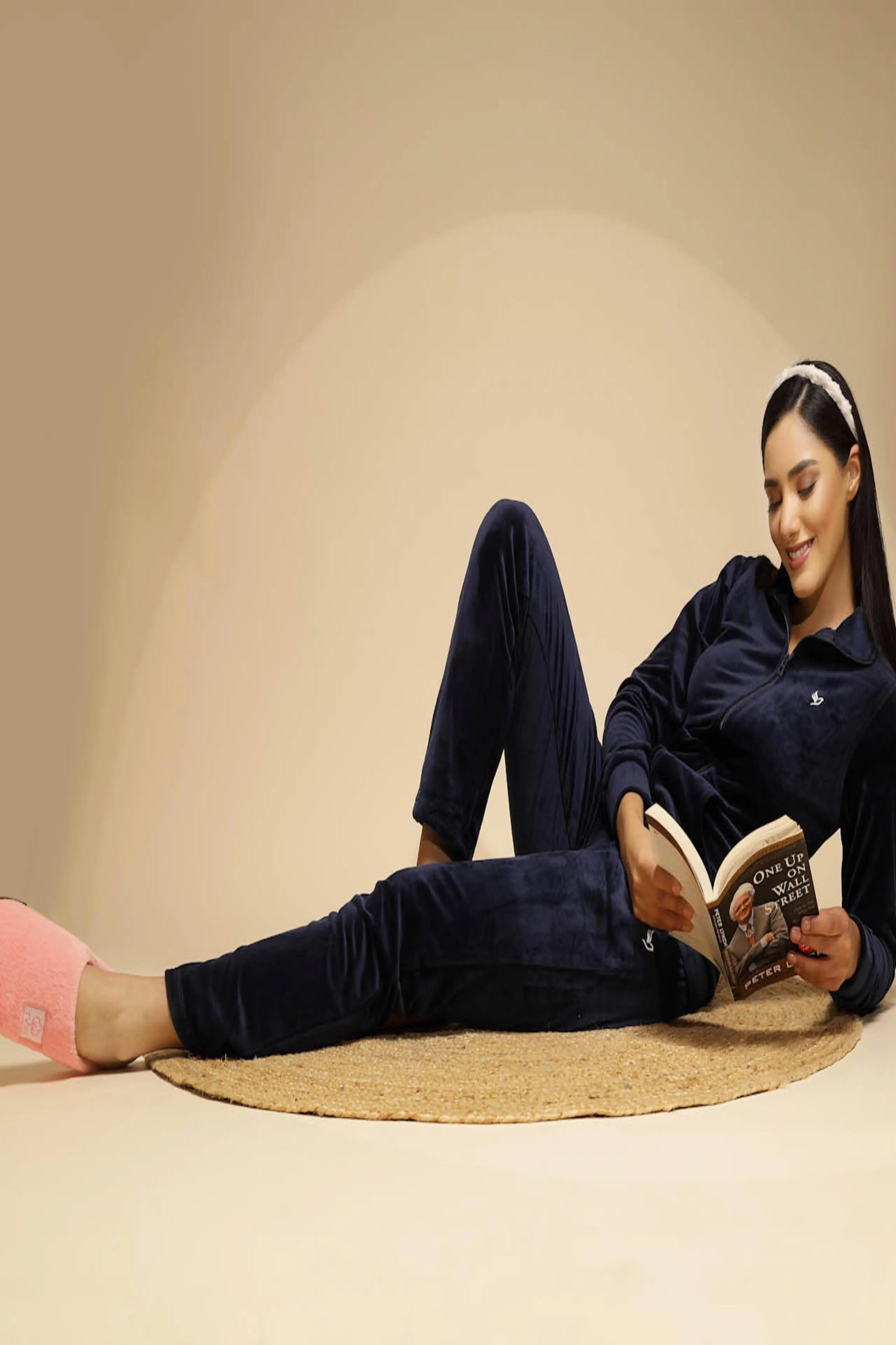 Blue Solid Full Sleeve Collared Neck Hosiery Night Suit Set