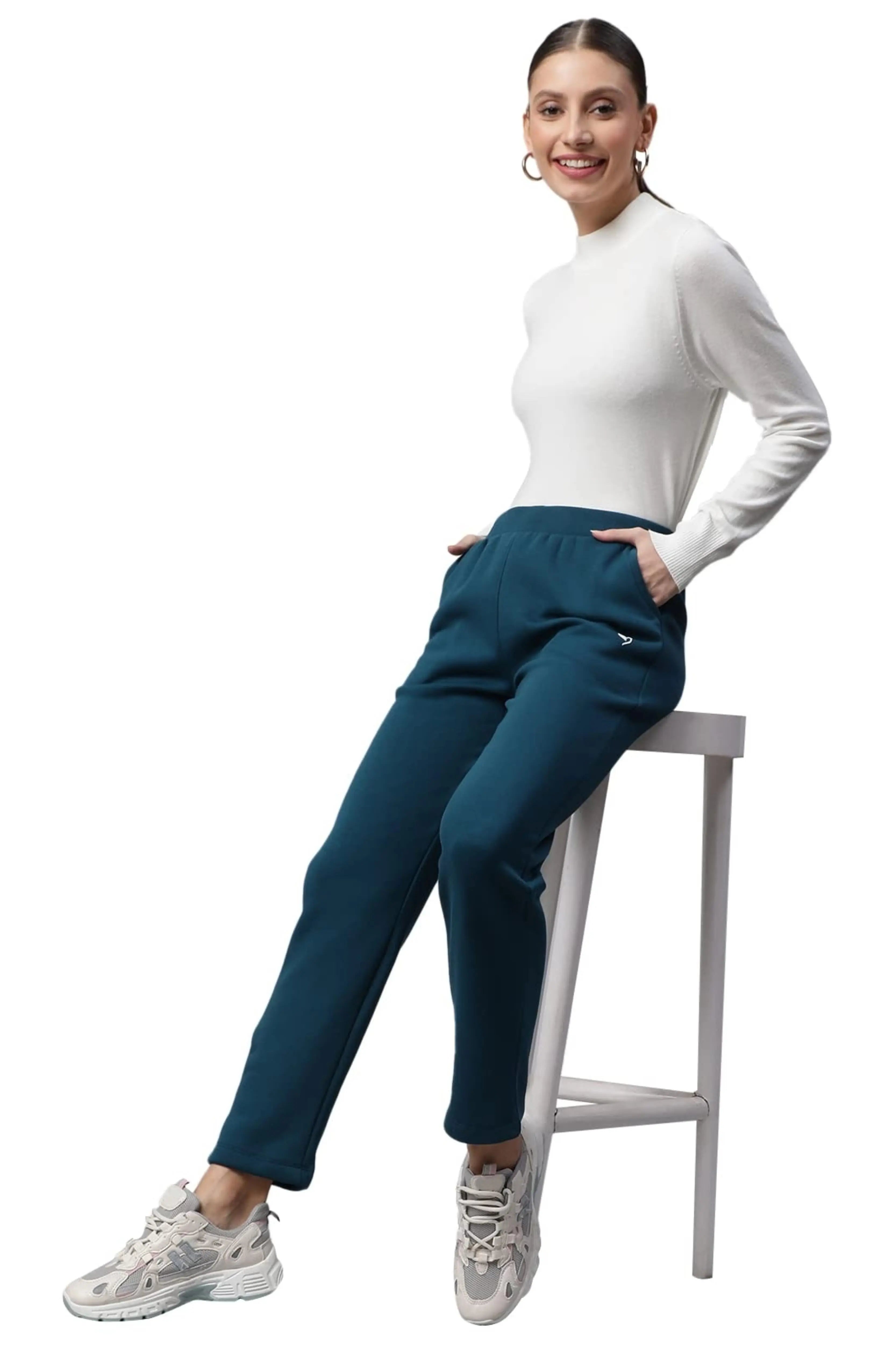 Teal Solid Cotton Blend Track Pants