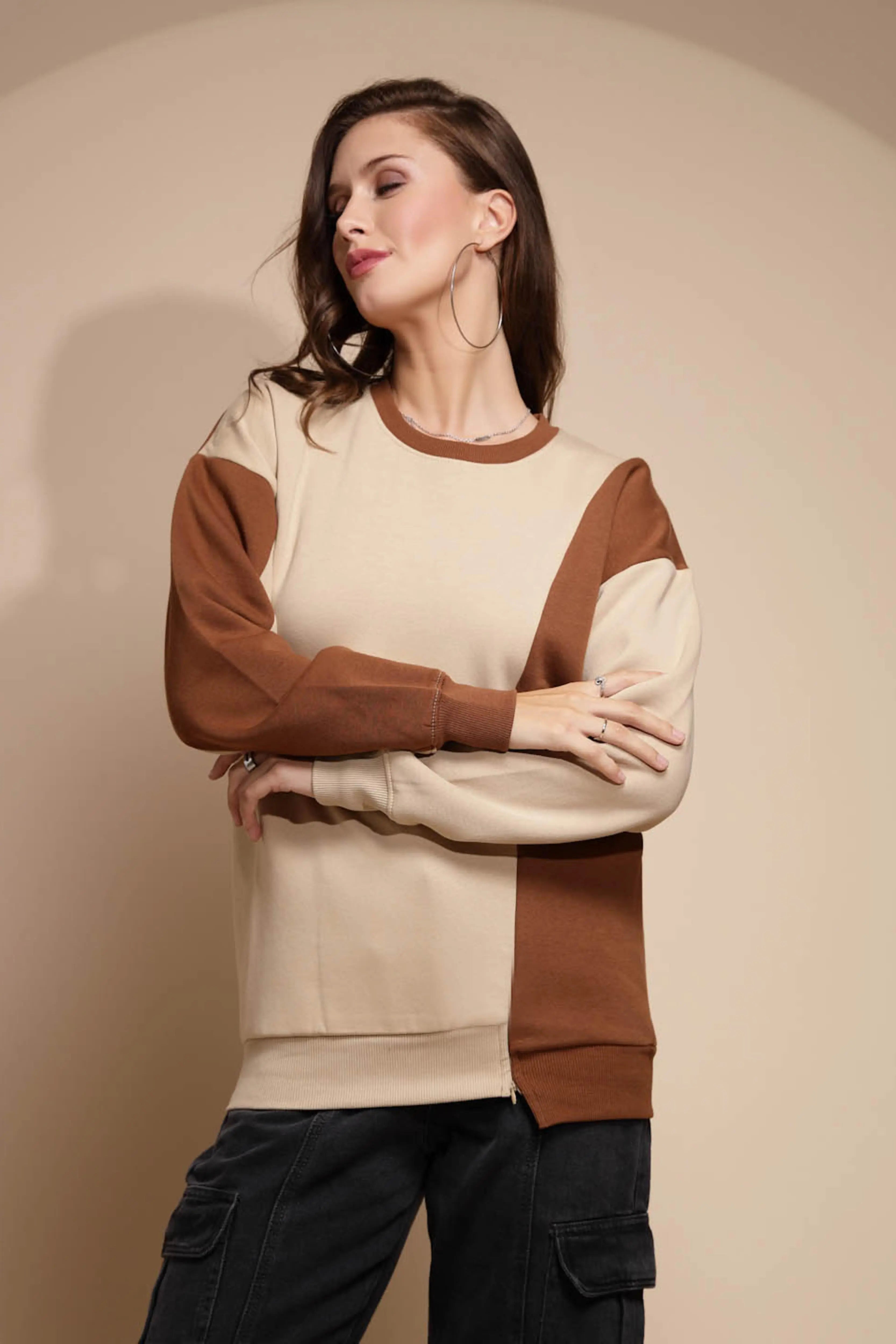 Beige Round Neck Hosiery Sweatshirt - Global Republic
