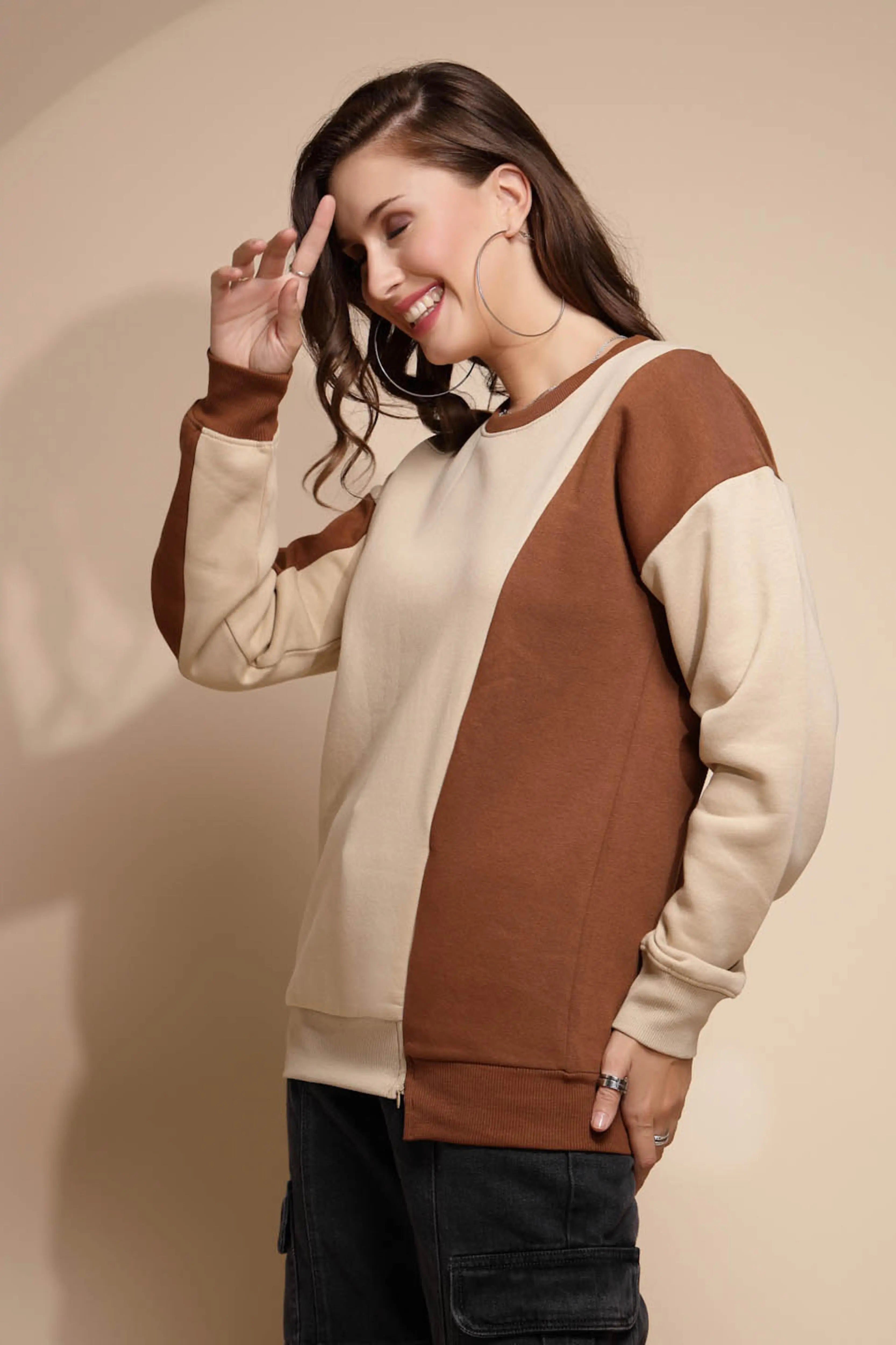 Beige Round Neck Hosiery Sweatshirt - Global Republic