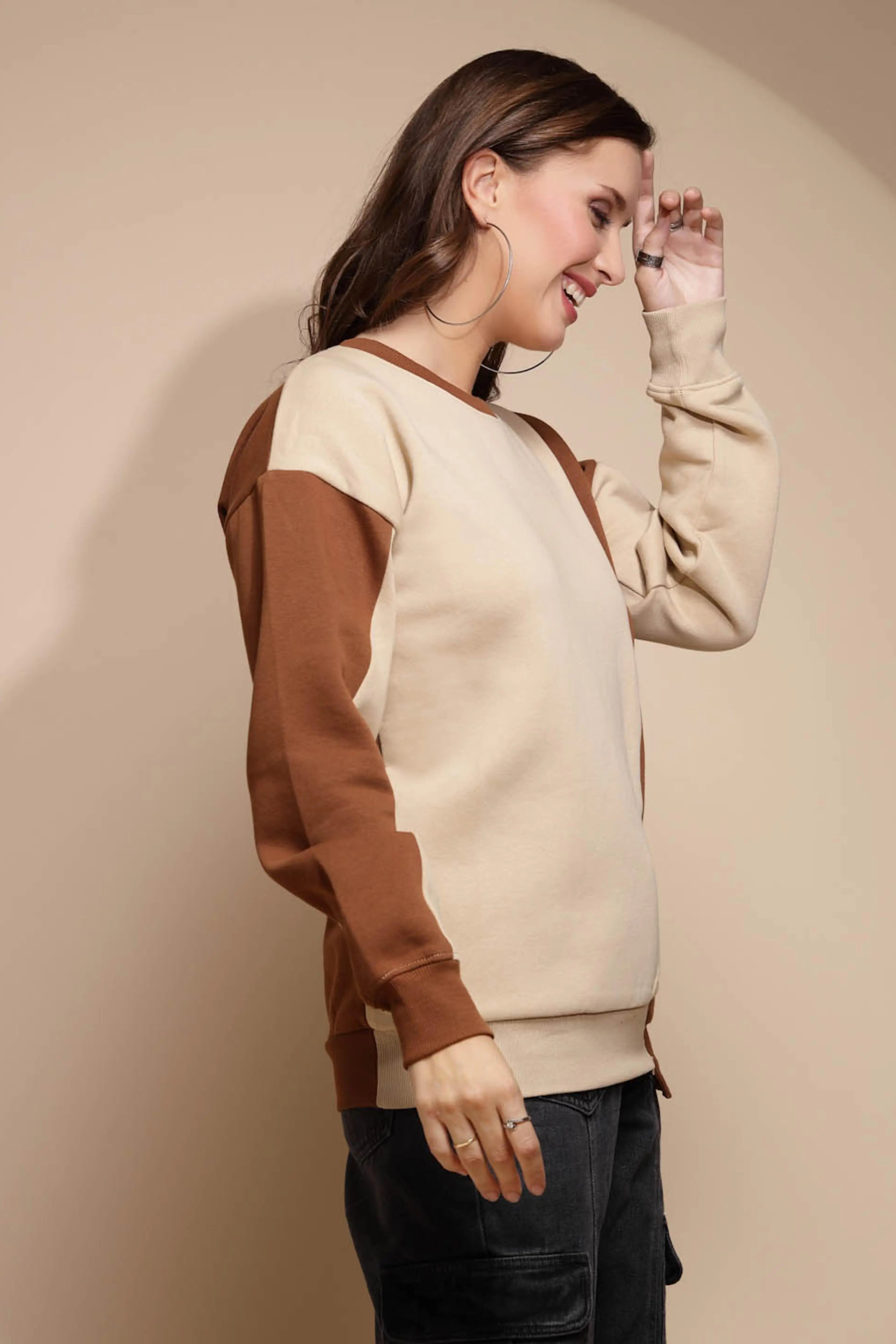 Beige Round Neck Hosiery Sweatshirt - Global Republic