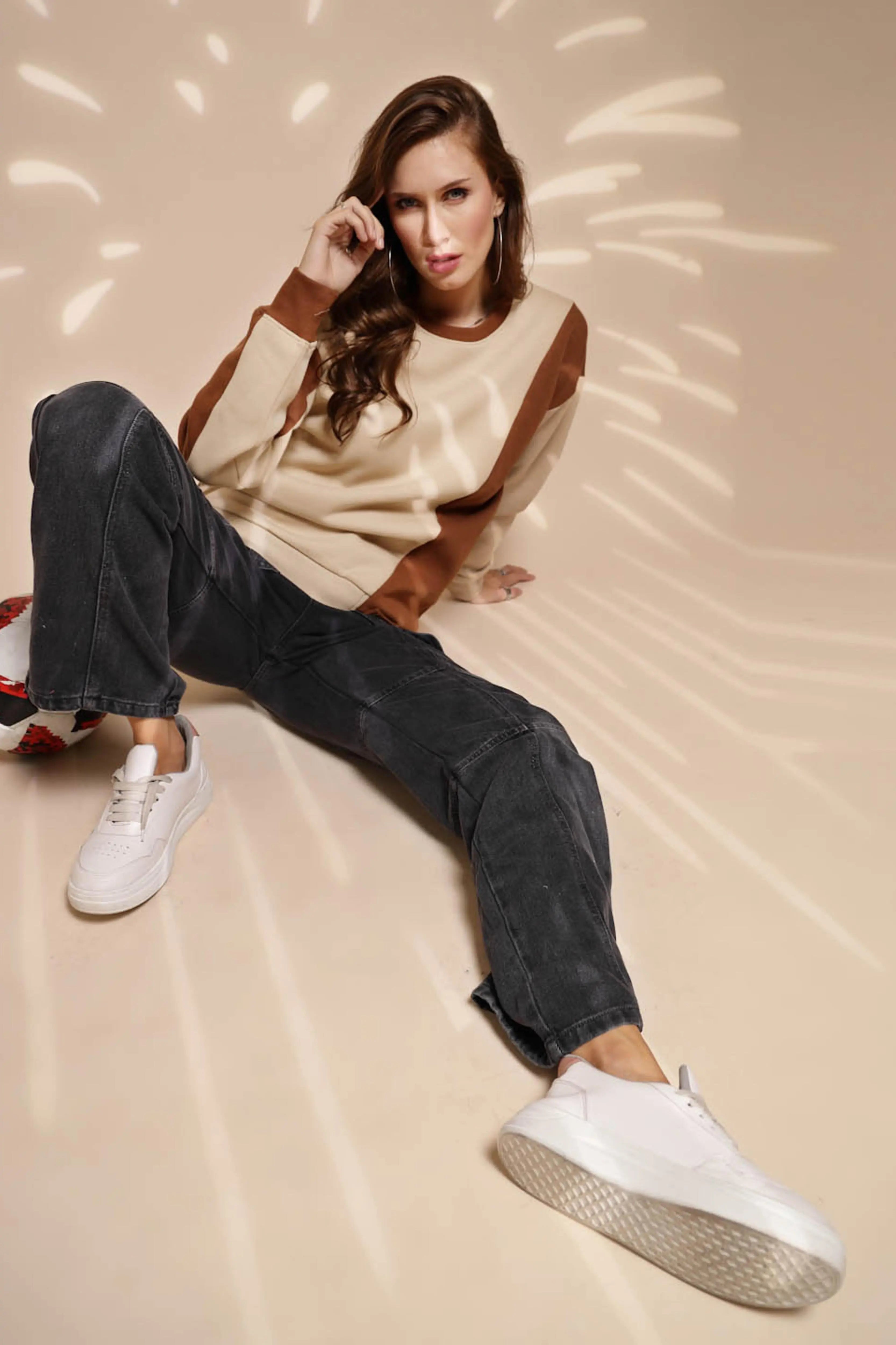 Beige Round Neck Hosiery Sweatshirt - Global Republic