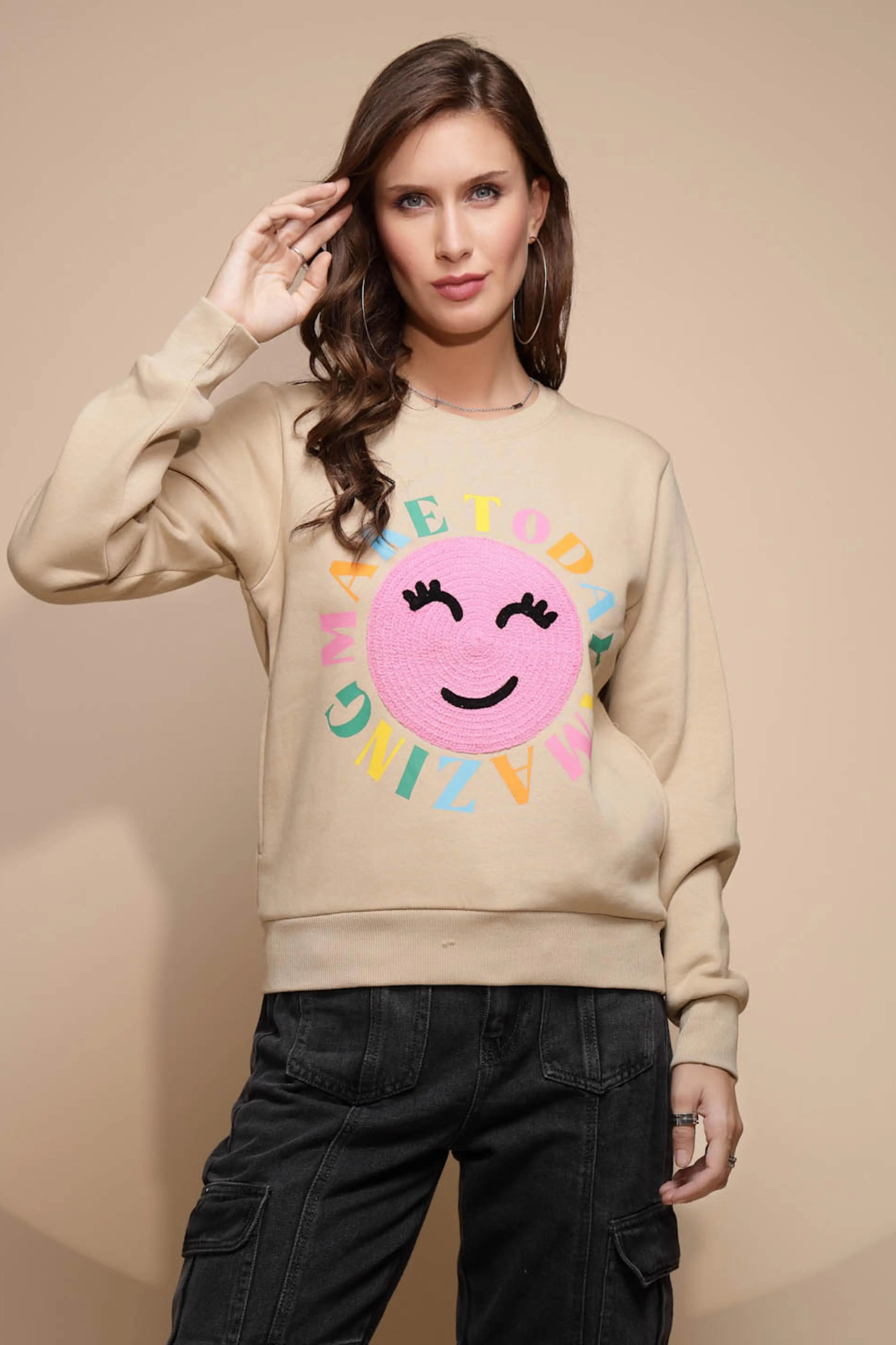 Beige Embroidered Cotton Blend Sweatshirt - Global Republic
