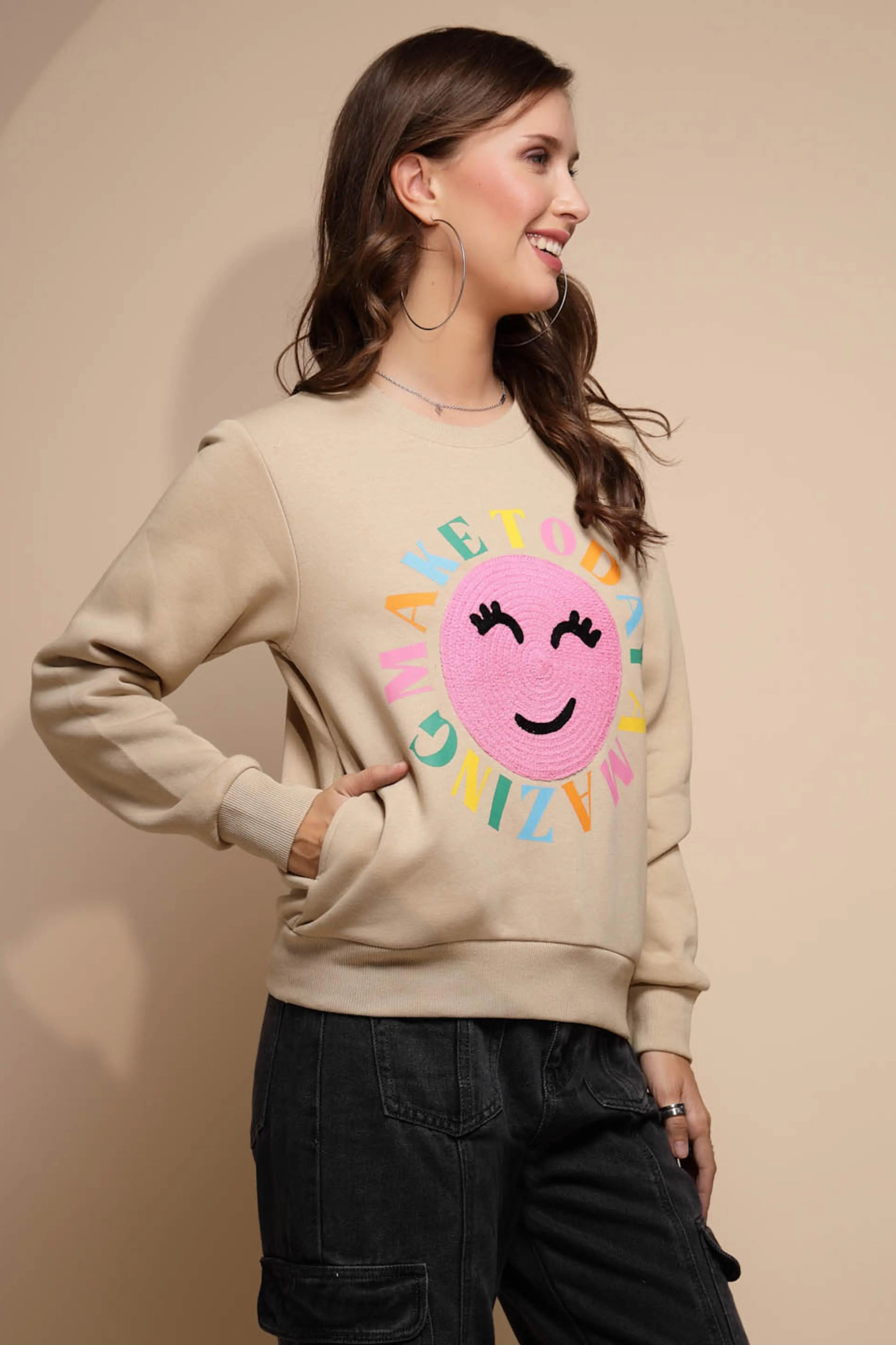 Beige Embroidered Cotton Blend Sweatshirt - Global Republic