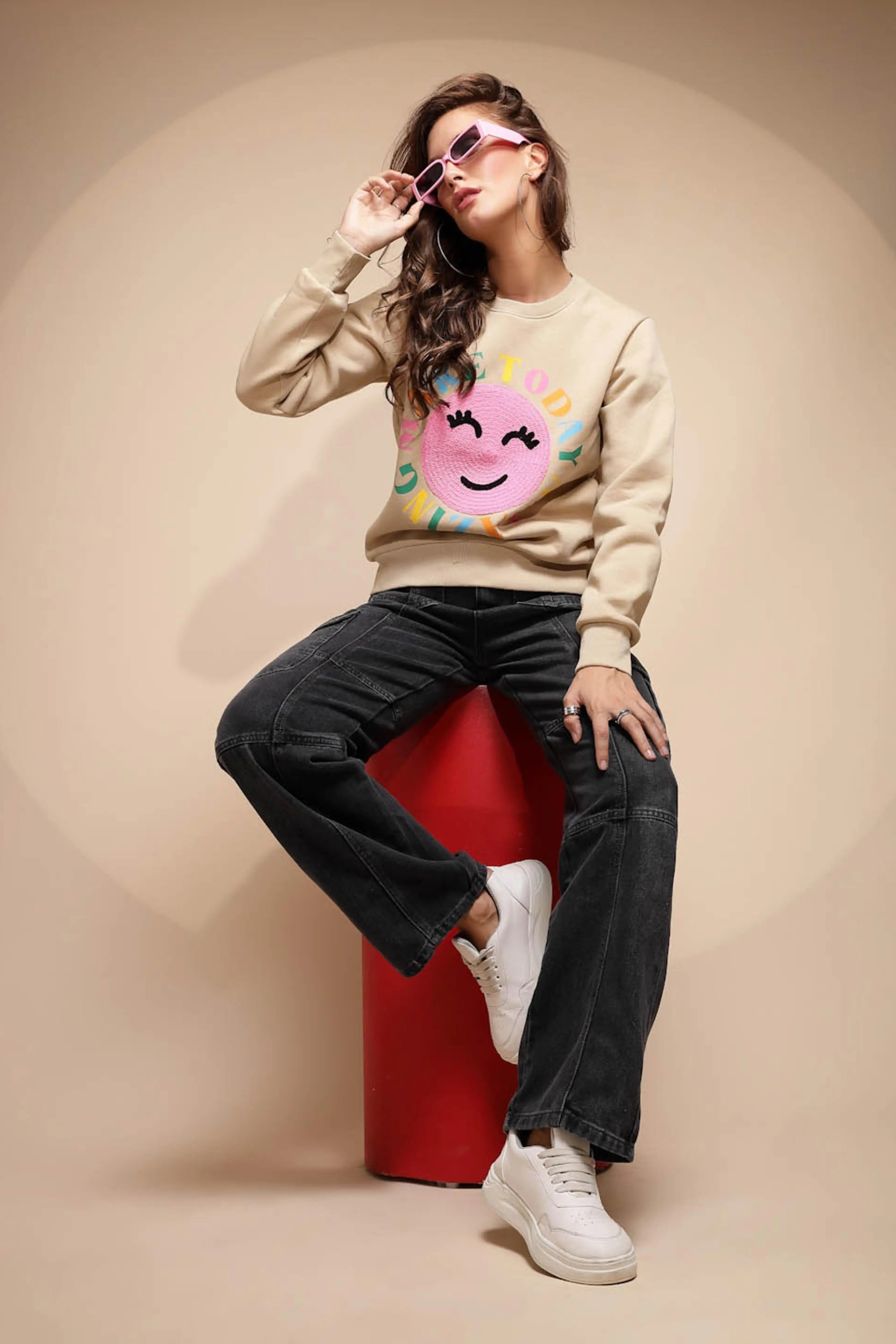 Beige Embroidered Cotton Blend Sweatshirt - Global Republic