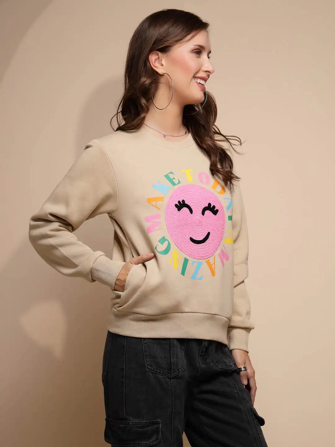 Beige Embroidered Cotton Blend Sweatshirt - Global Republic