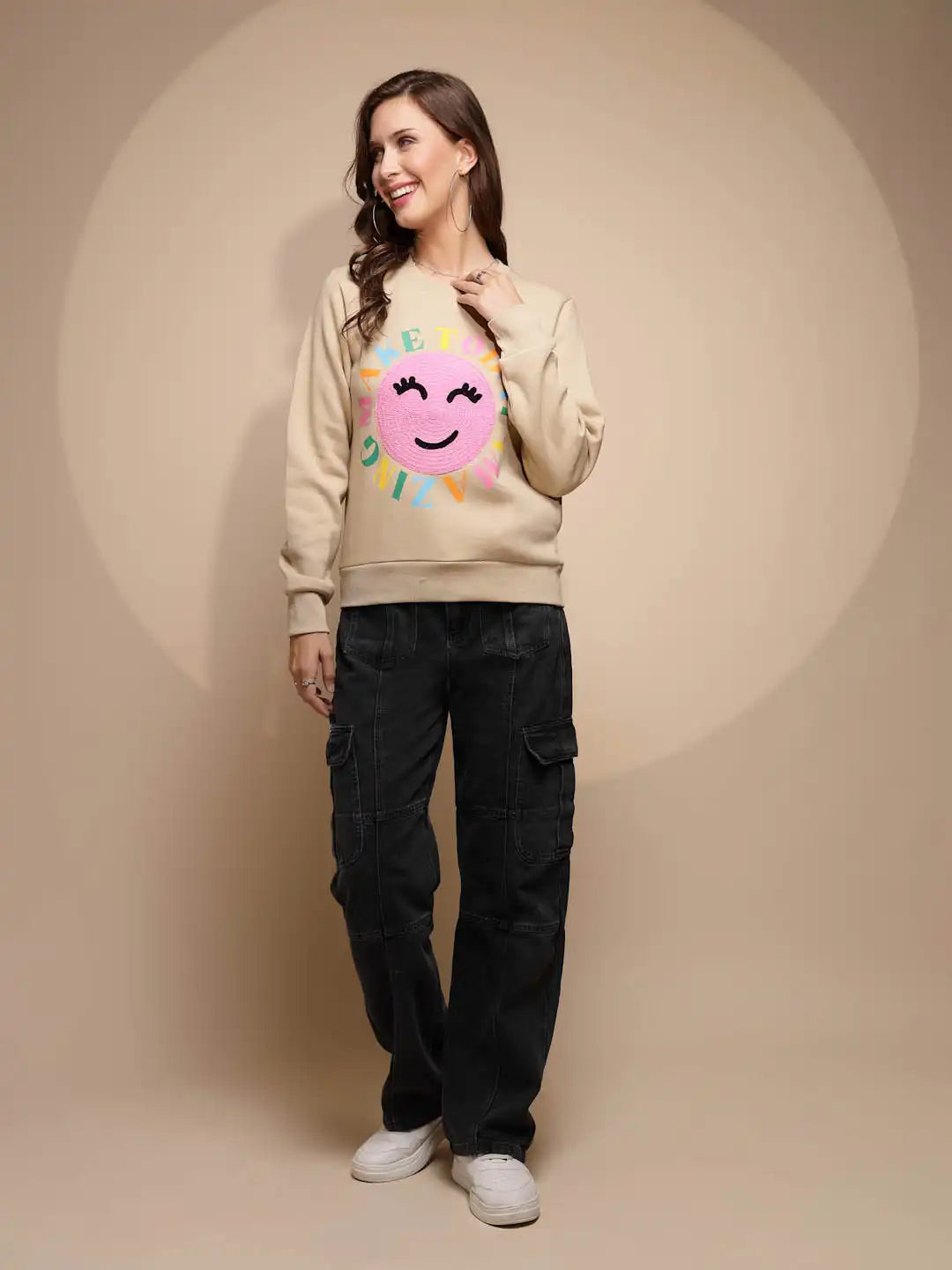 Beige Embroidered Cotton Blend Sweatshirt - Global Republic