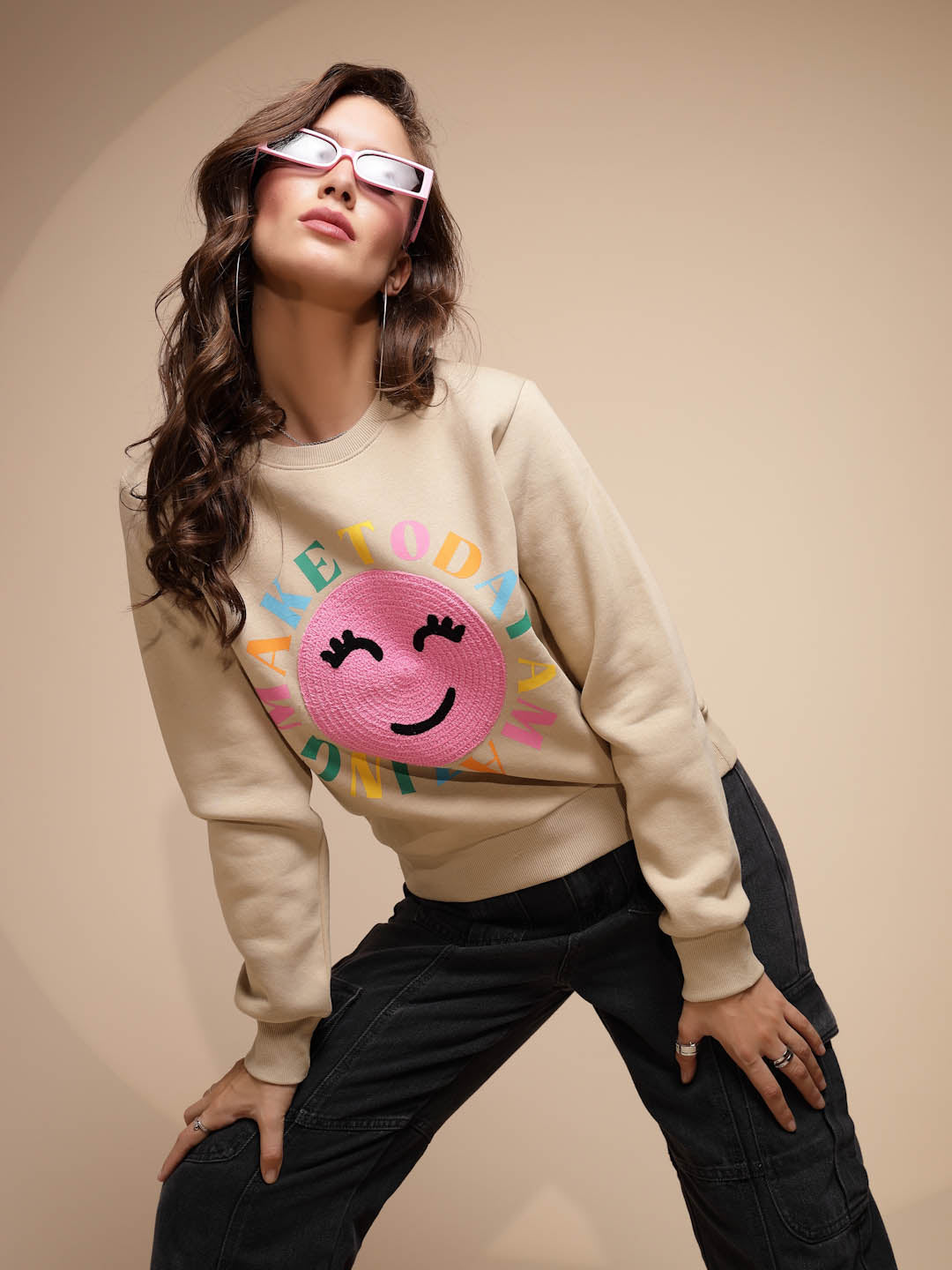 Beige Embroidered Cotton Blend Sweatshirt - Global Republic