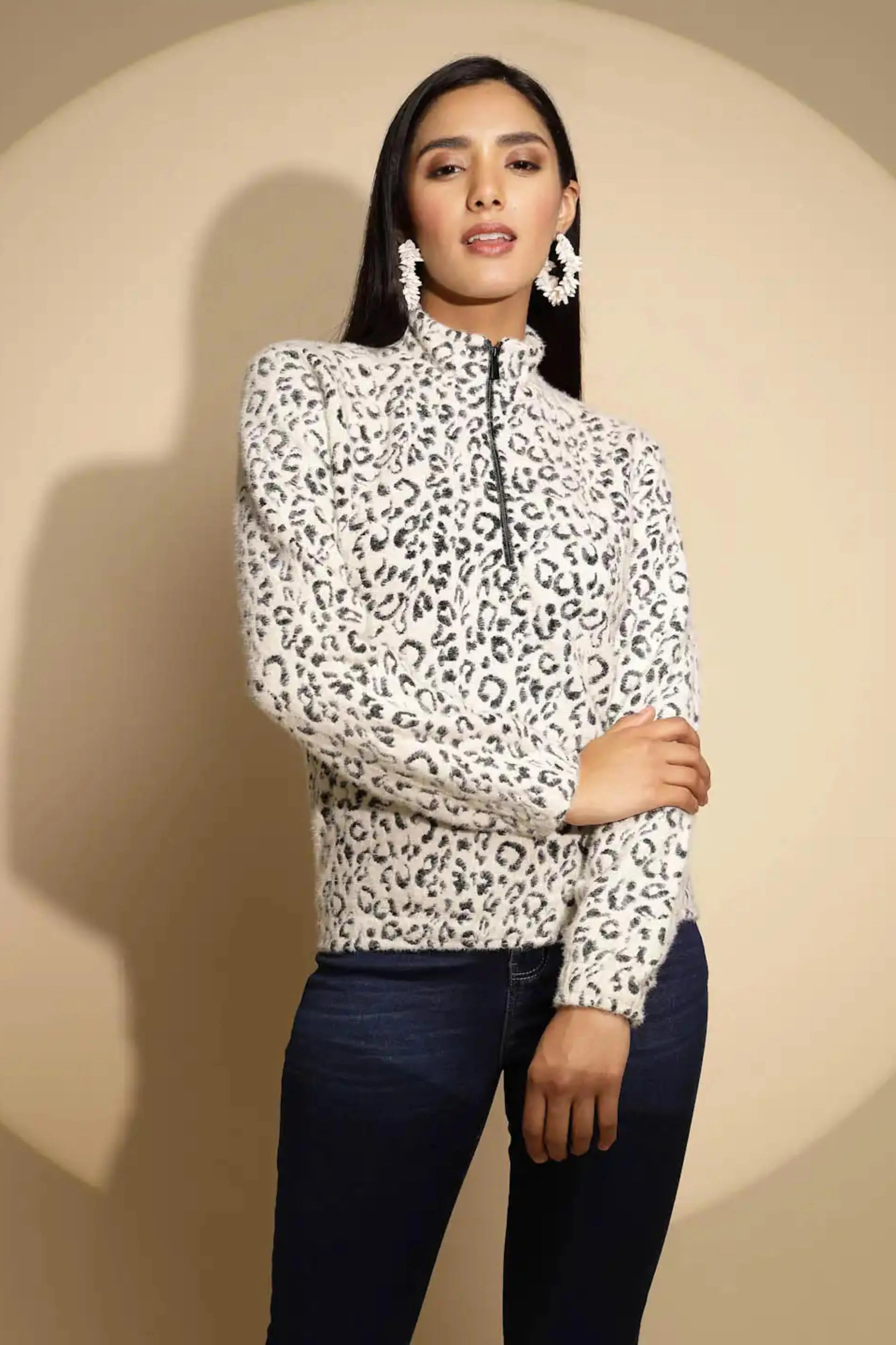 Black and white Animal print Full Sleeve Turtle Neck Hosiery Sweatshirt - Global Republic