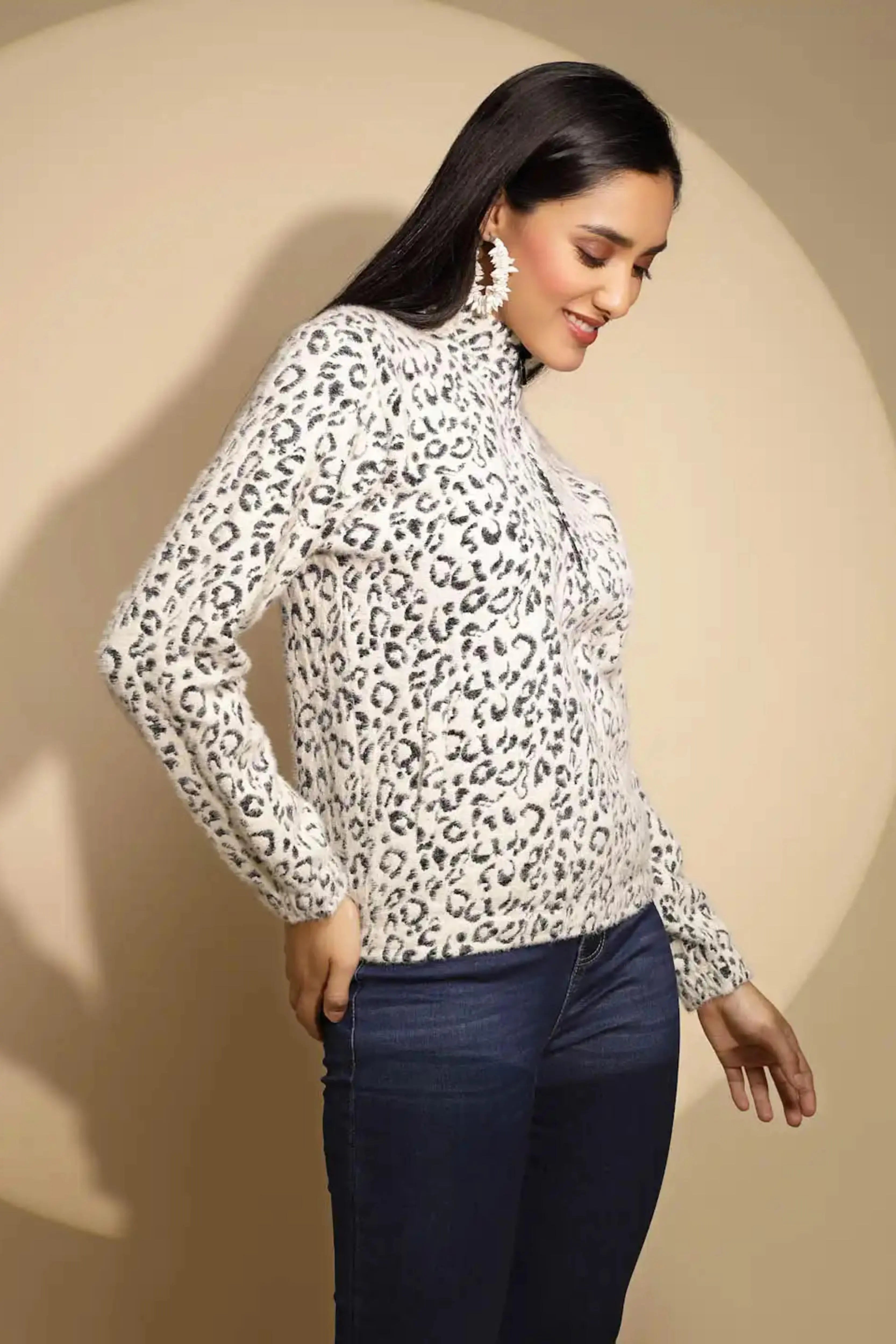 Black and white Animal print Full Sleeve Turtle Neck Hosiery Sweatshirt - Global Republic