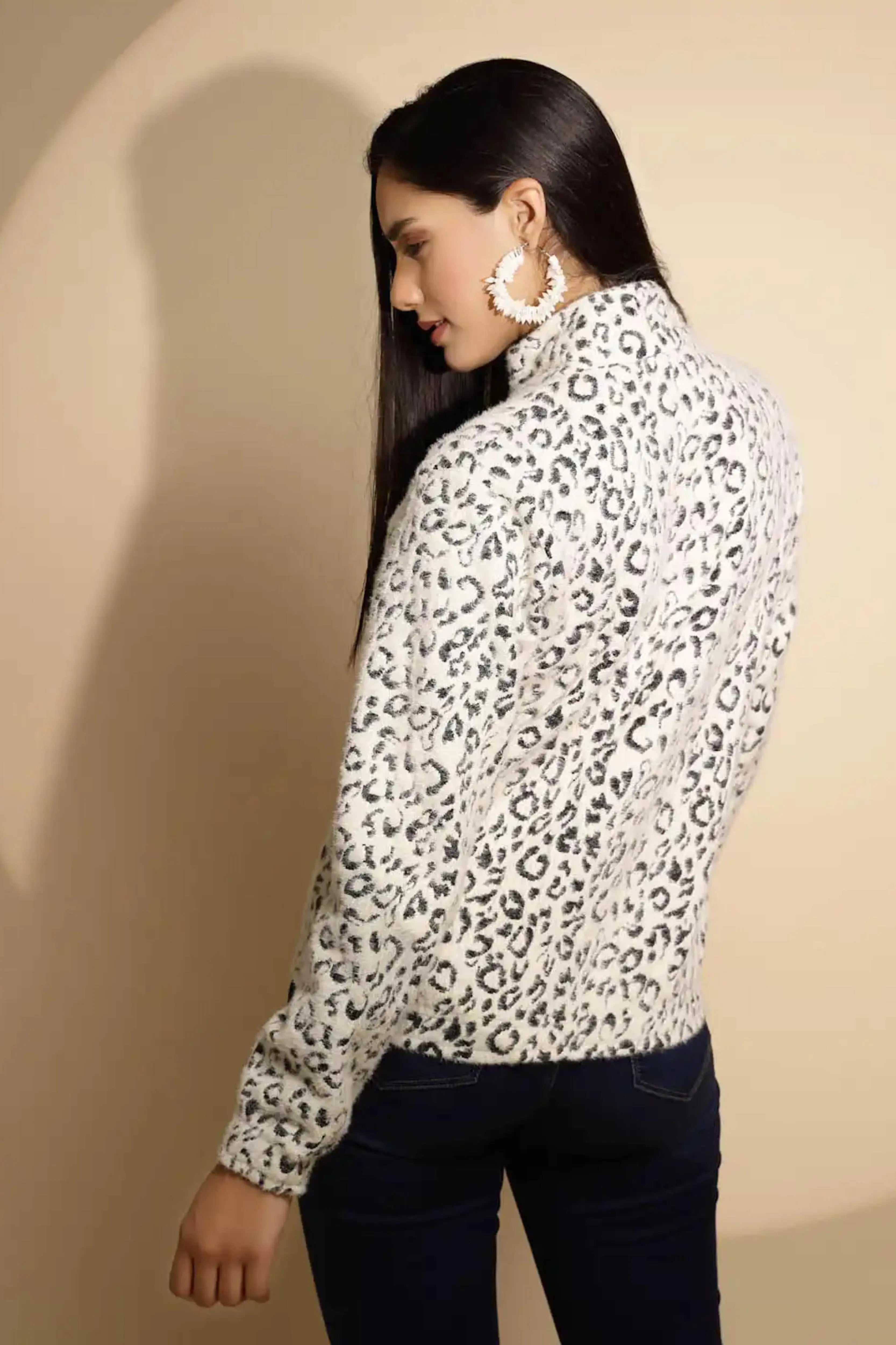 Black and white Animal print Full Sleeve Turtle Neck Hosiery Sweatshirt - Global Republic