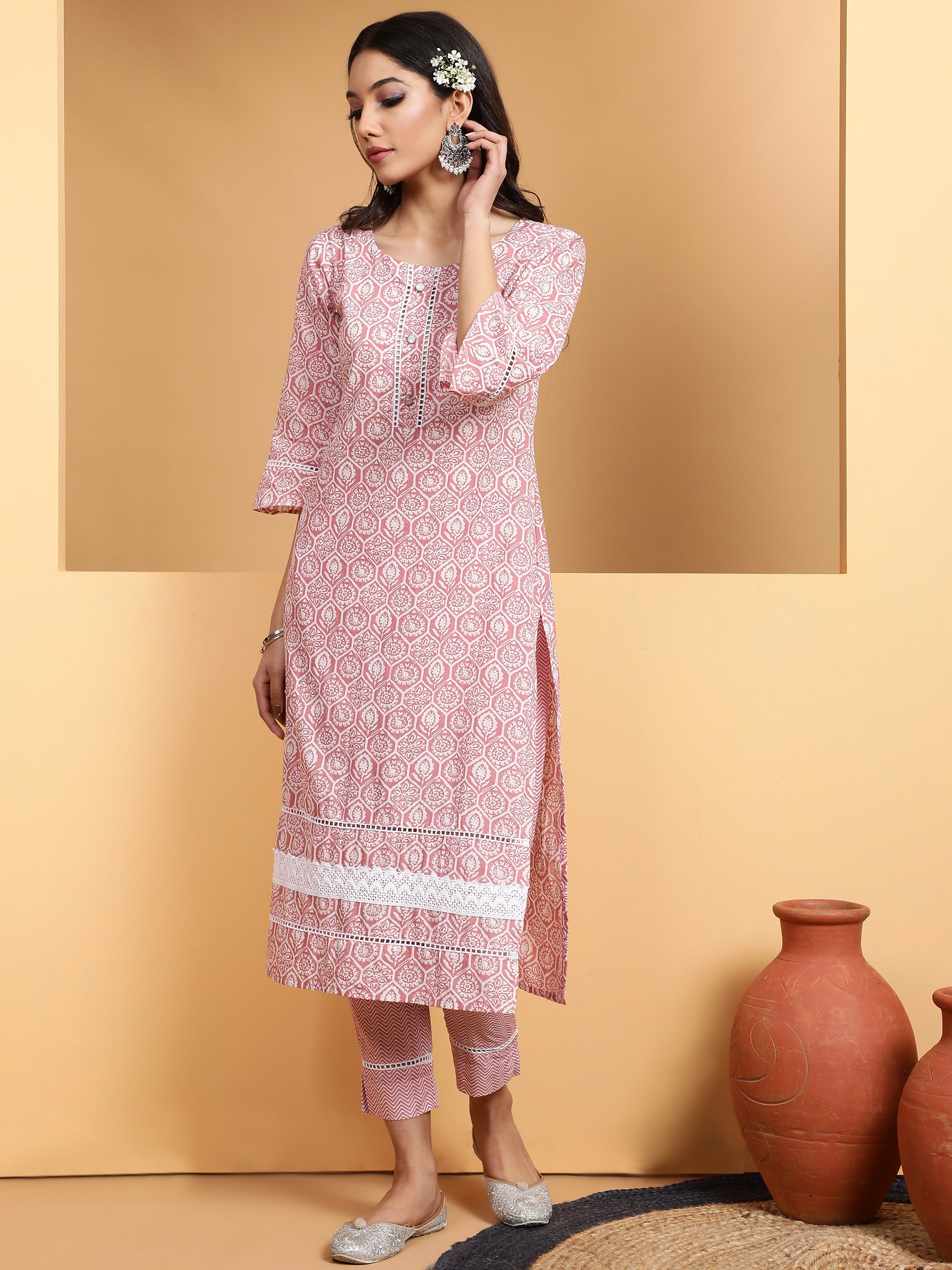 Pink Round Neck Printed Straight Kurta Set - Global Republic