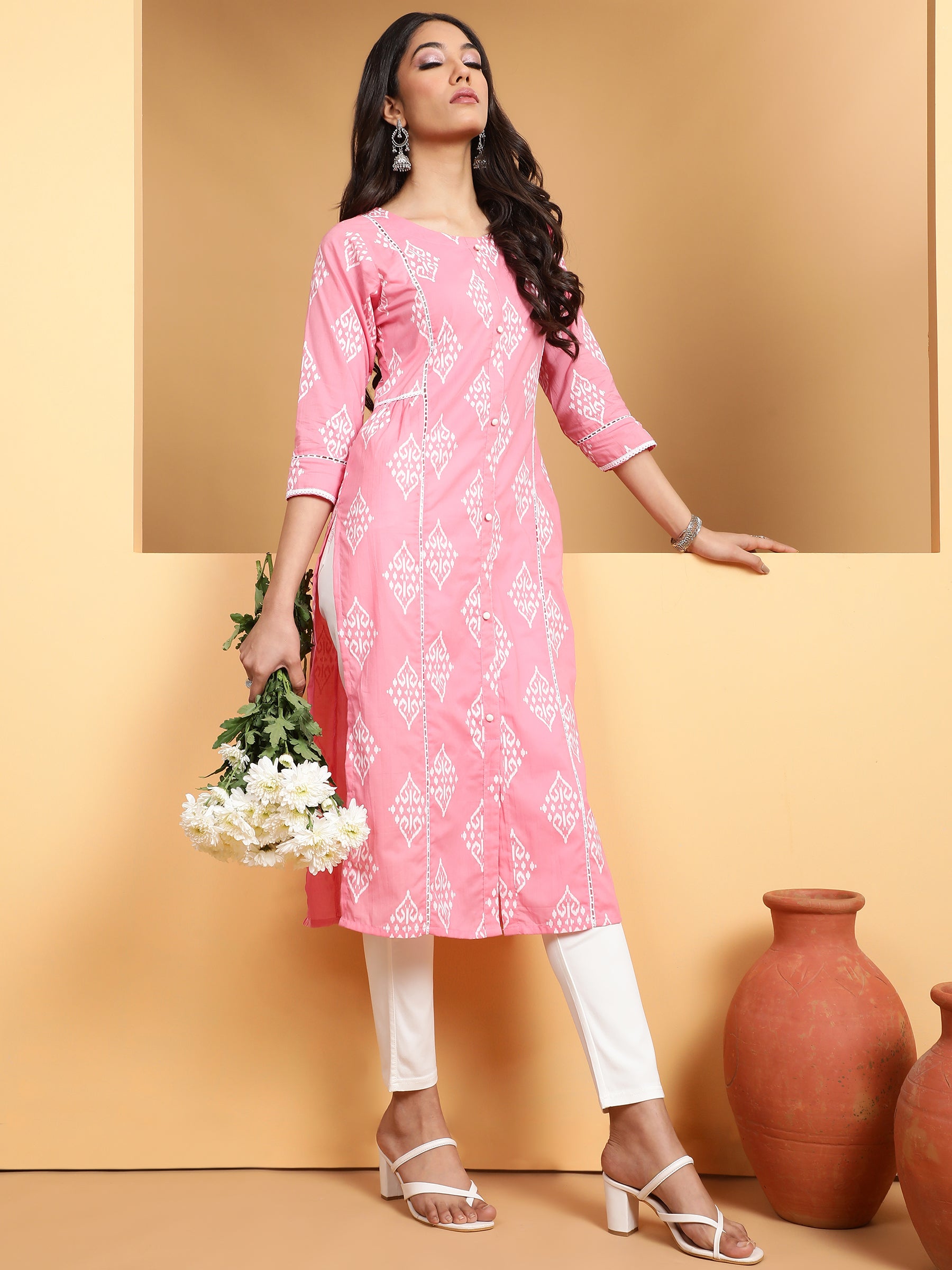 Women Pink Round Neck Printed Kurta - Global Republic