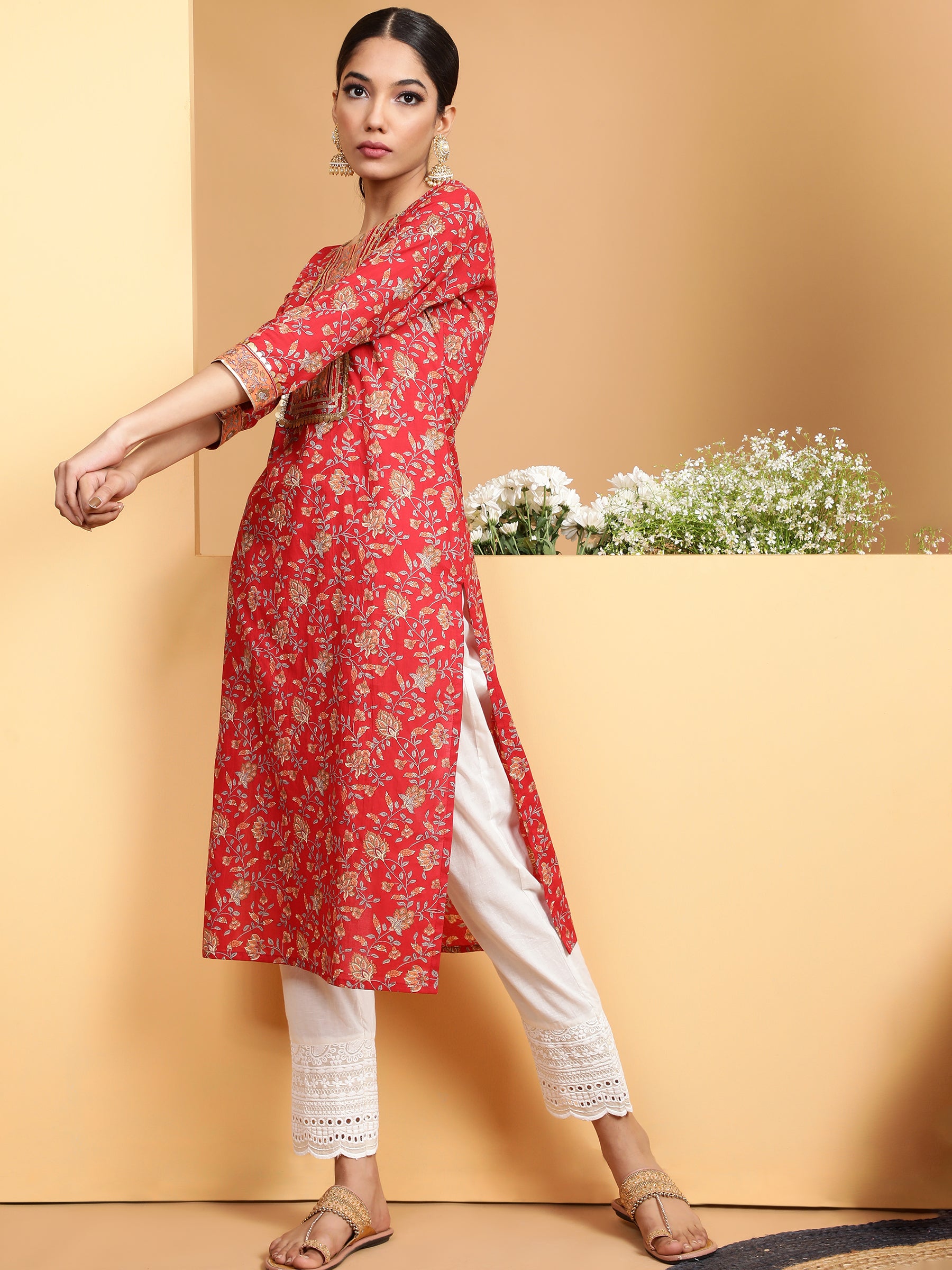 Women Red Round Neck Printed Kurta - Global Republic