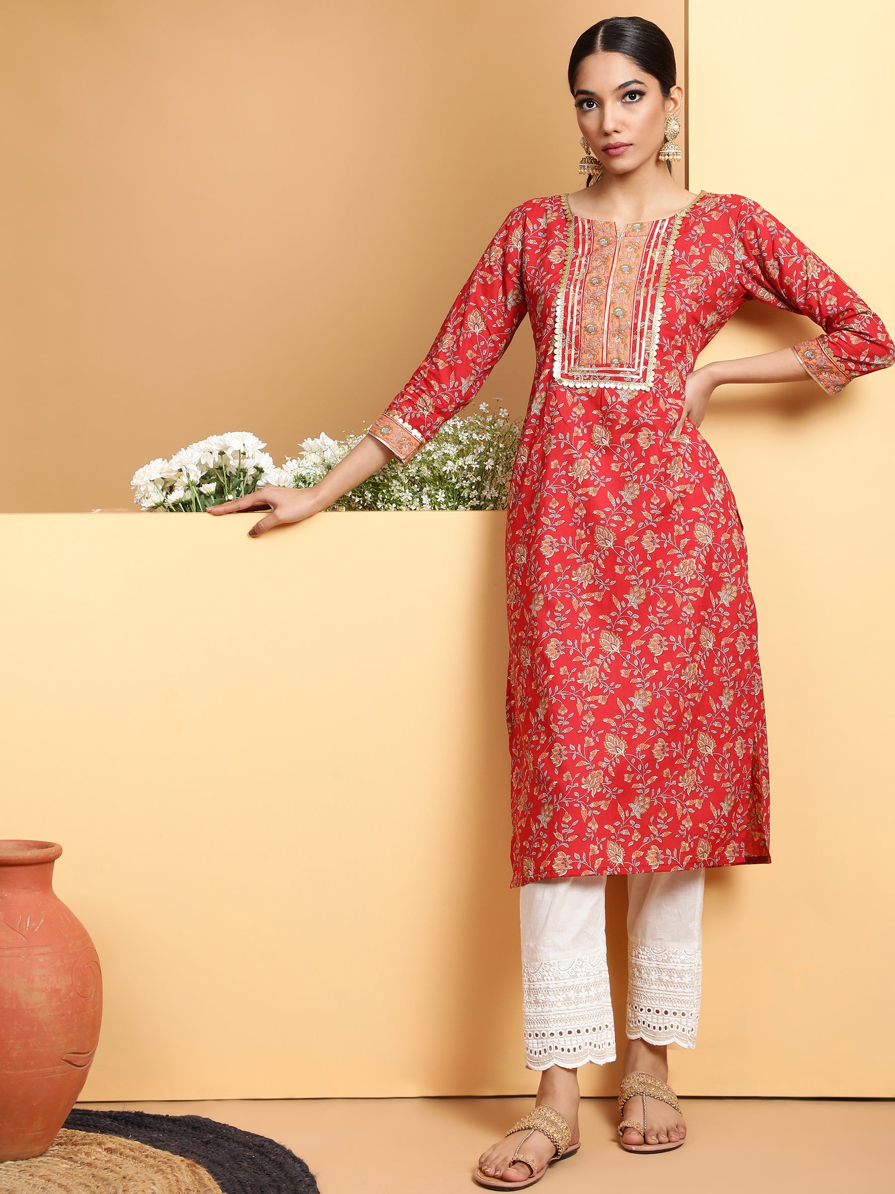 Women Red Round Neck Printed Kurta - Global Republic