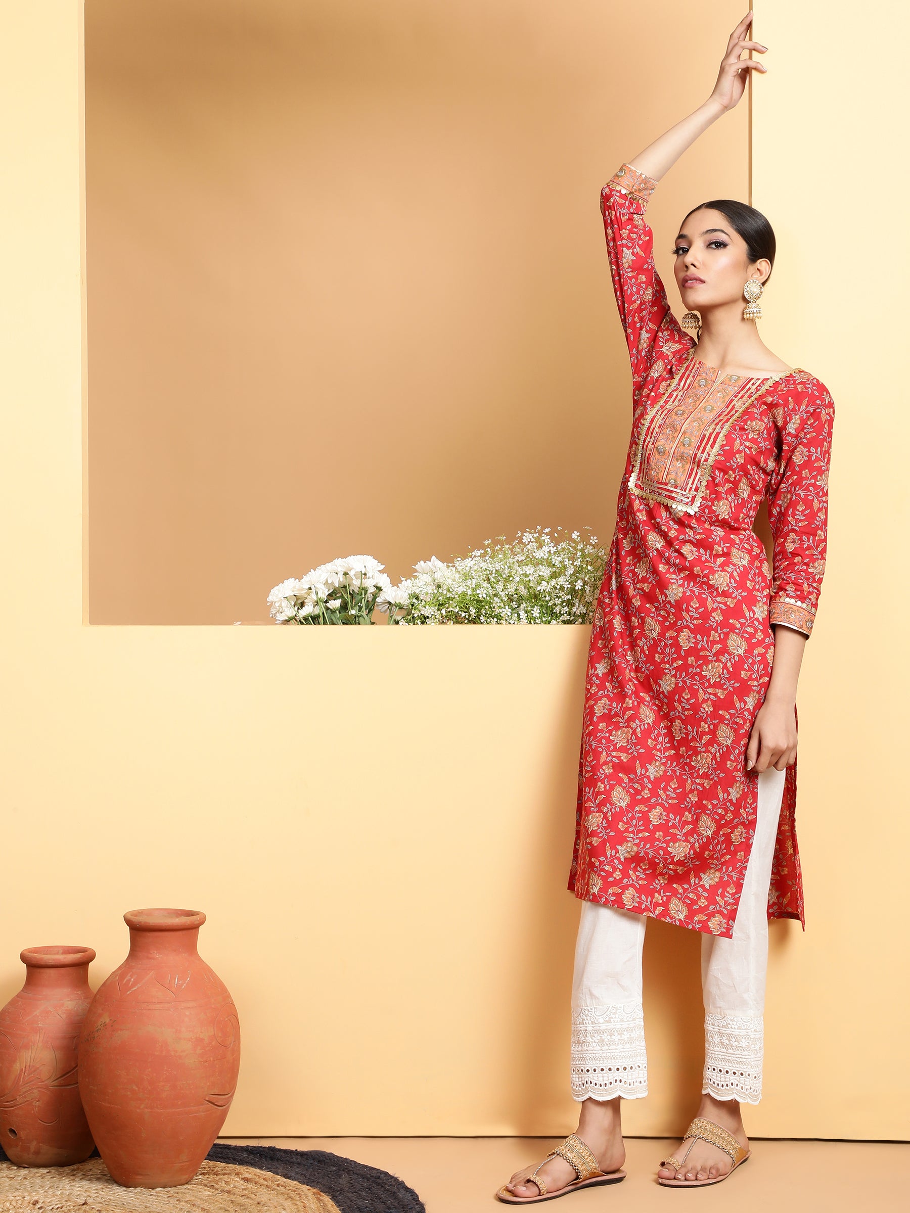 Women Red Round Neck Printed Kurta - Global Republic