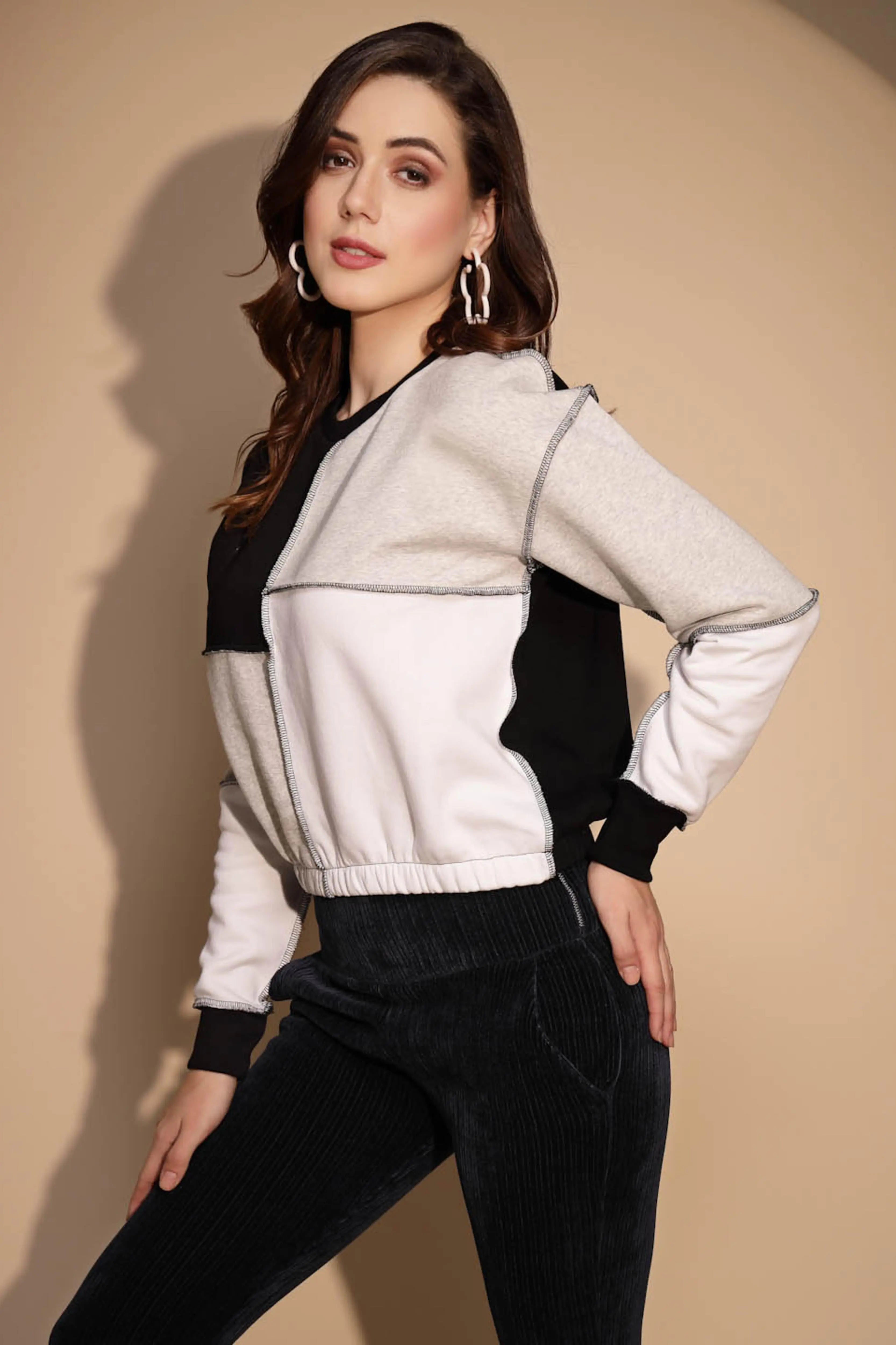 Color Block Cotton Blend Crop Sweatshirt - Global Republic
