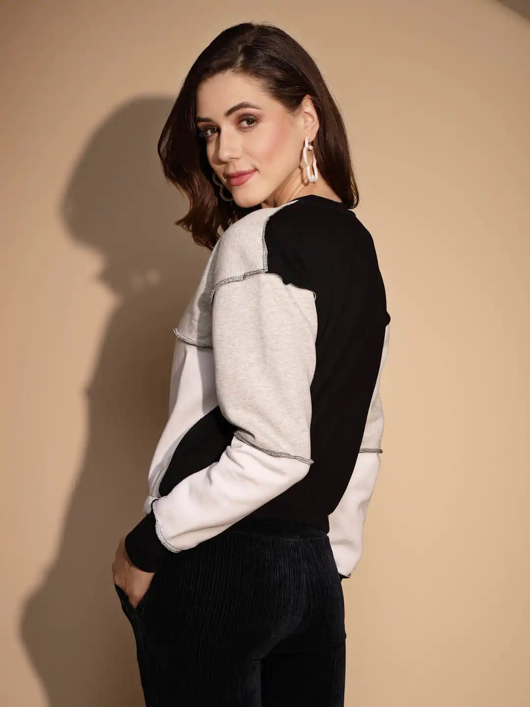 Color Block Cotton Blend Crop Sweatshirt - Global Republic