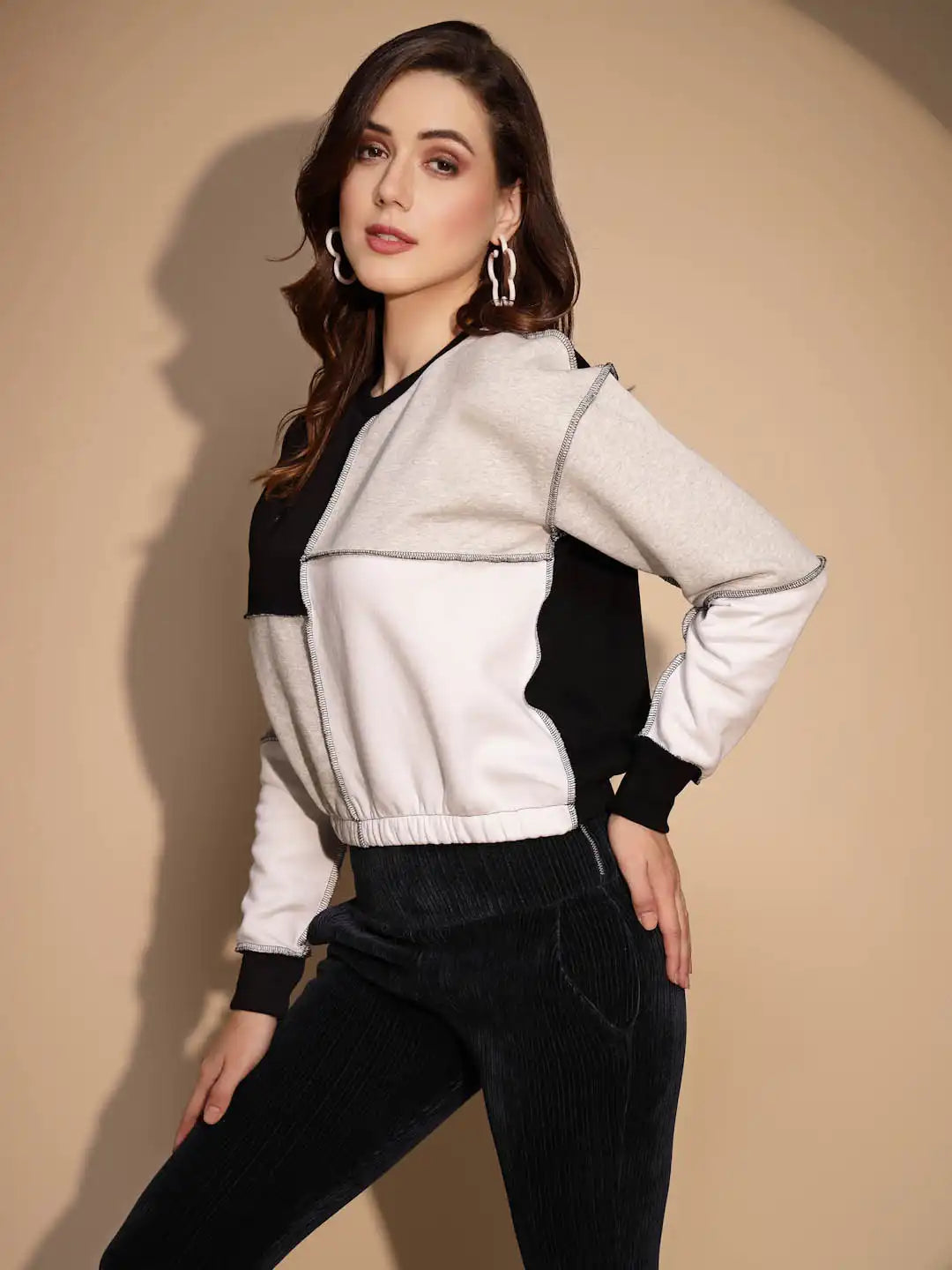 Color Block Cotton Blend Crop Sweatshirt - Global Republic