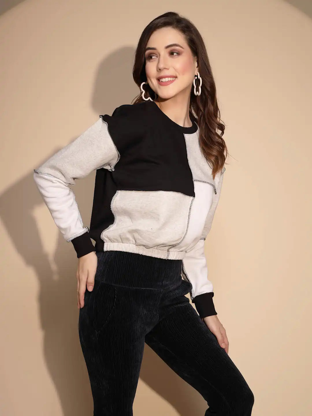 Color Block Cotton Blend Crop Sweatshirt - Global Republic