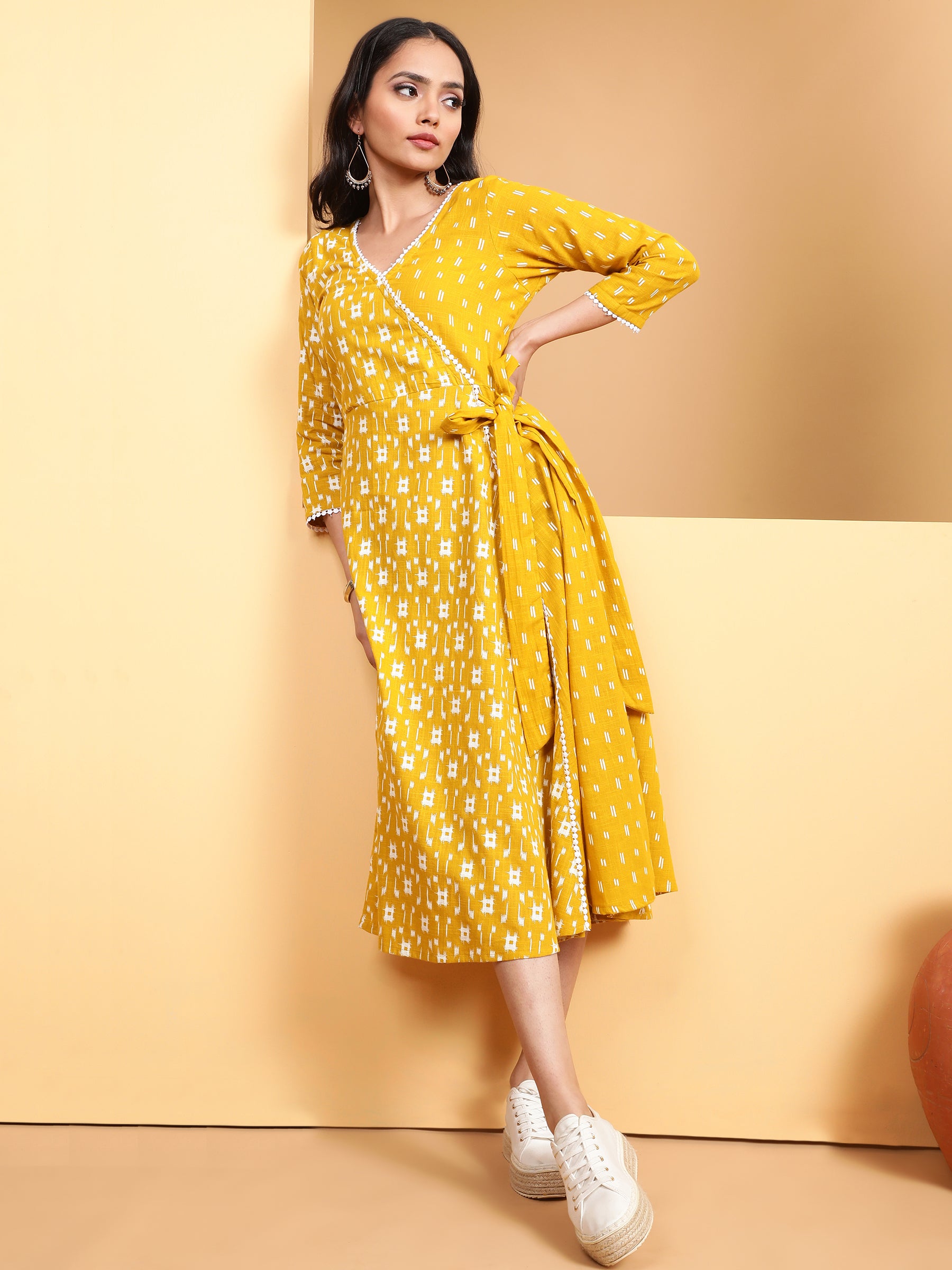 Women Mustard V-Neck Printed Dress - Global Republic