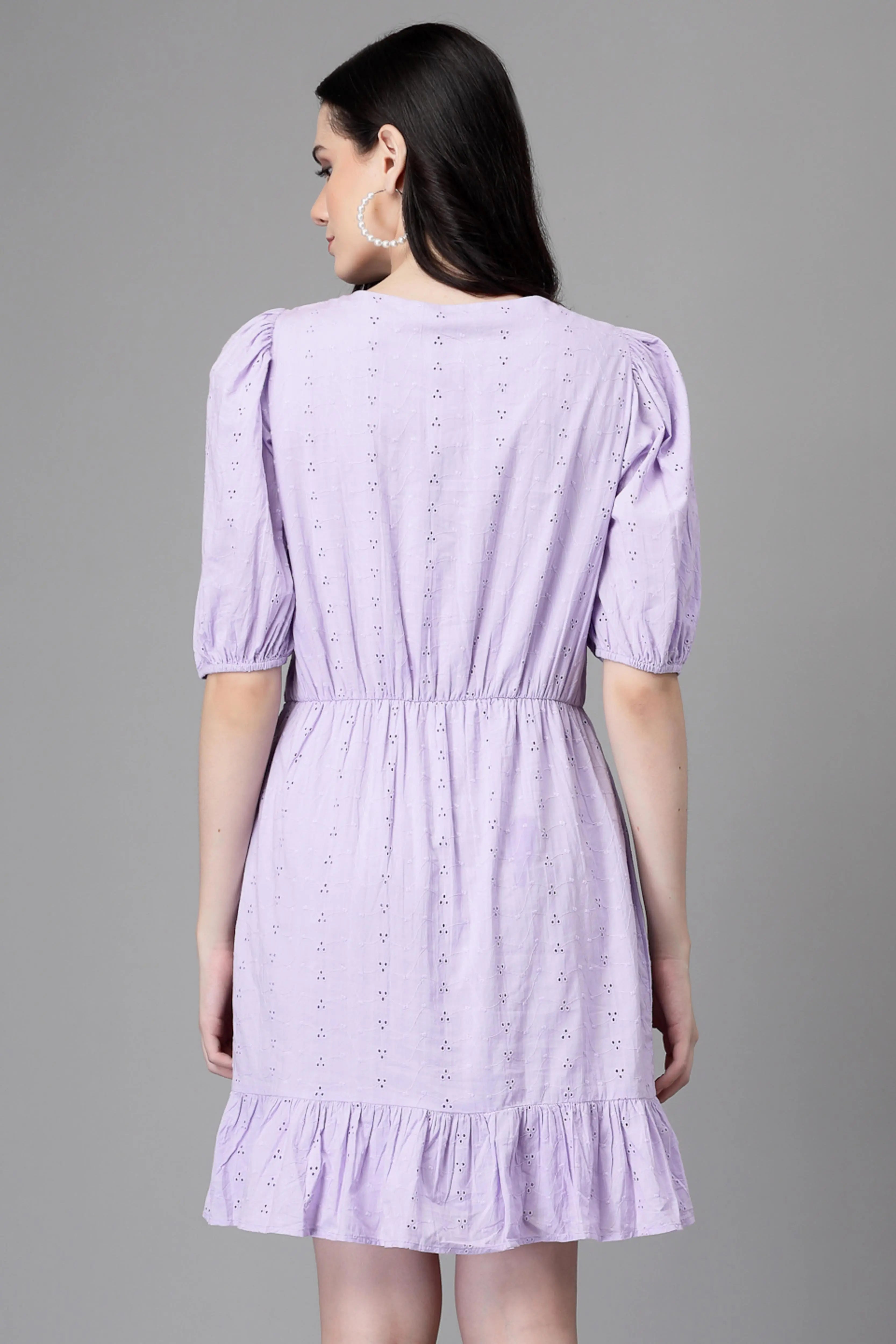 Lilac Embroidered Cotton Flared Dress - Global Republic