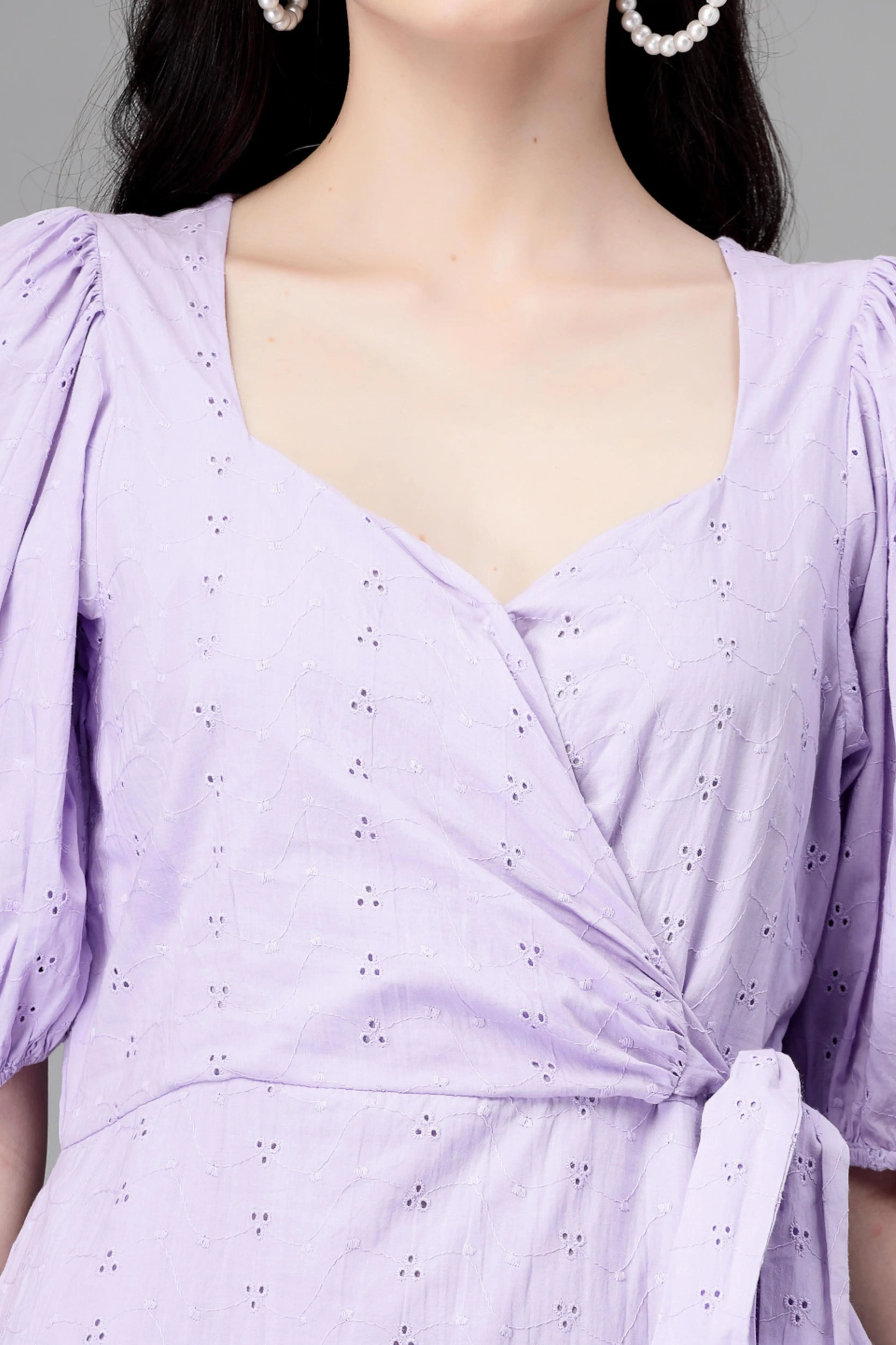 Lilac Embroidered Cotton Flared Dress - Global Republic