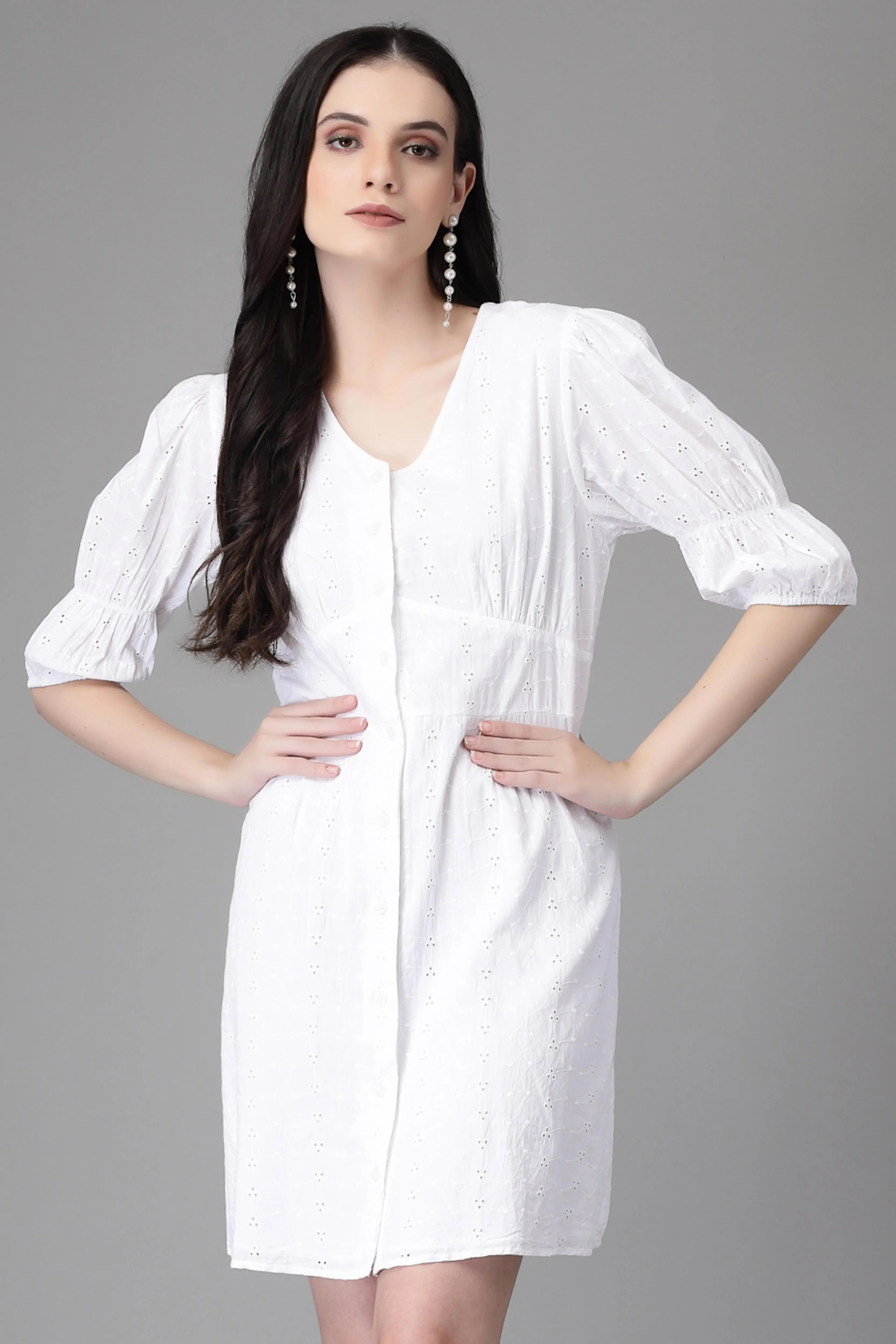 White Embroidered Cotton Flared Dress - Global Republic