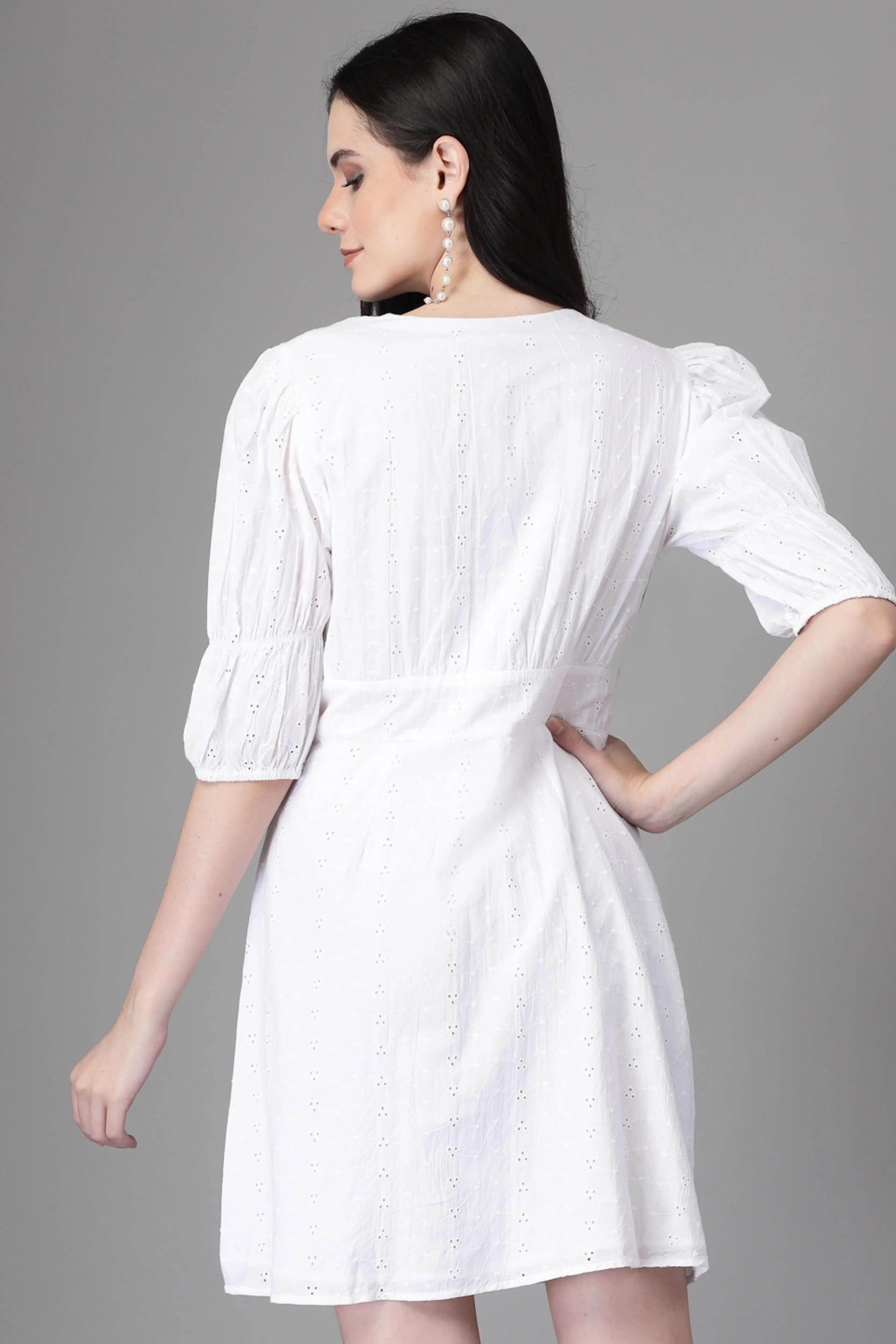 White Embroidered Cotton Flared Dress - Global Republic
