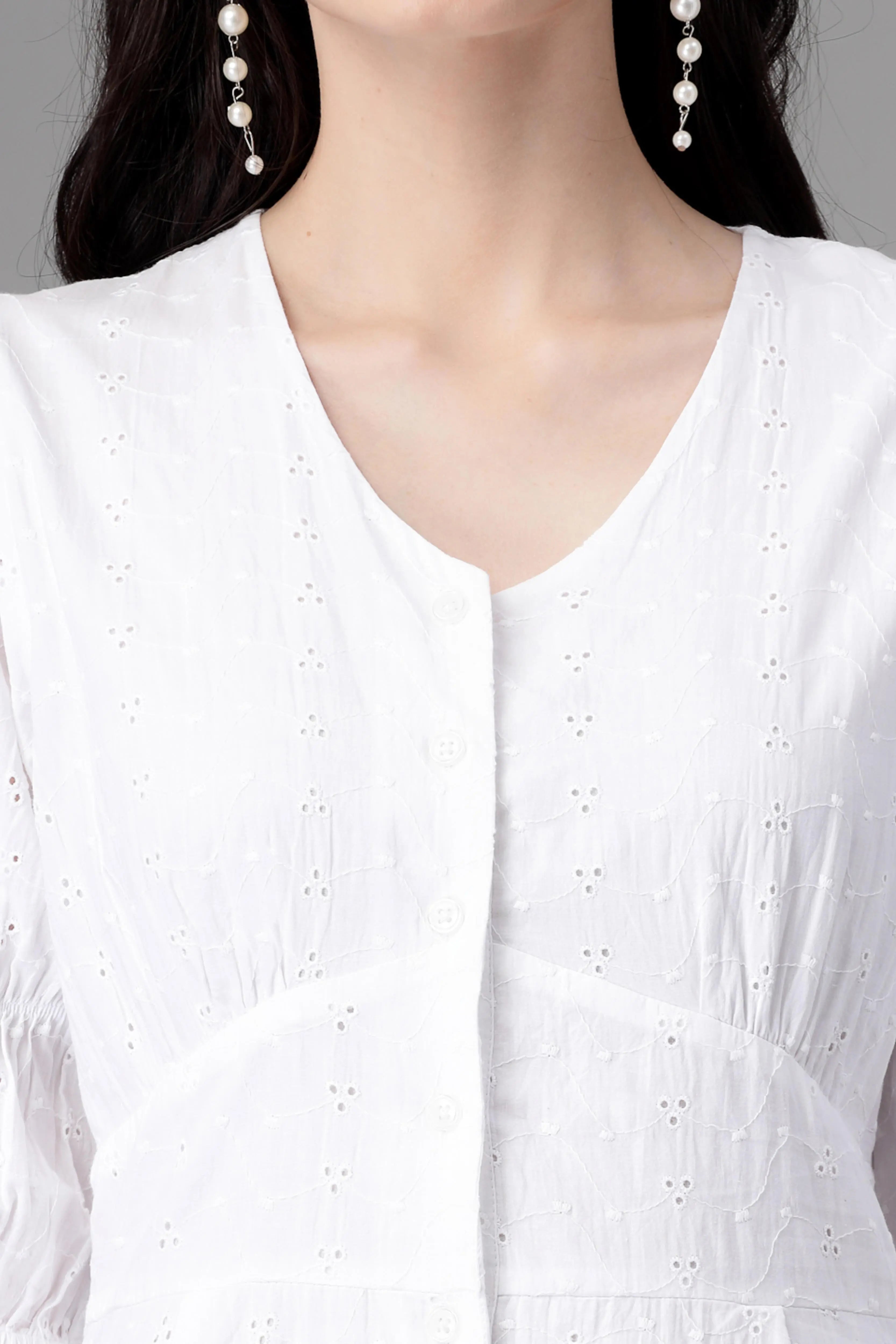 White Embroidered Cotton Flared Dress - Global Republic