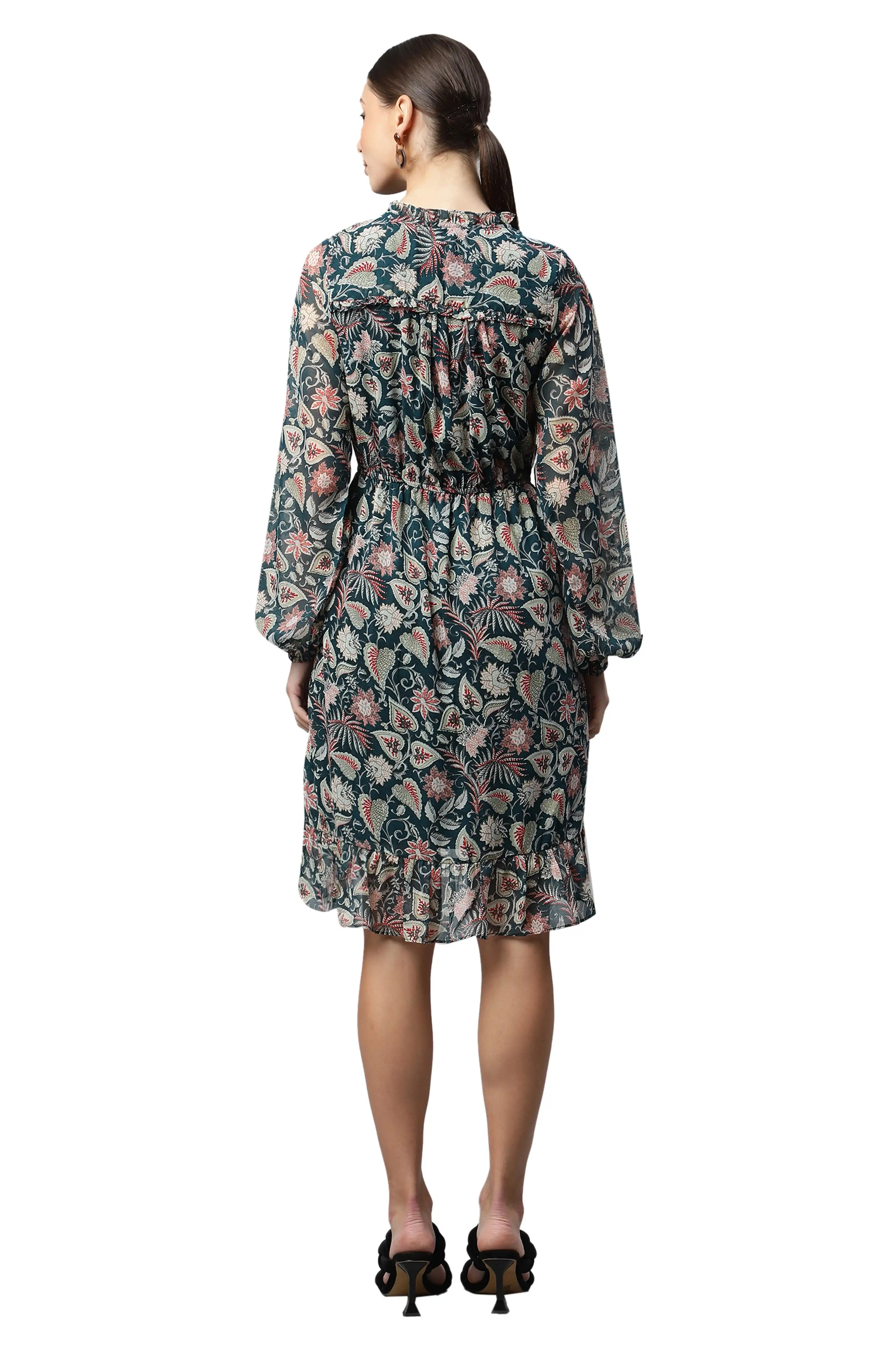 Bottle Green Floral Printed Dress