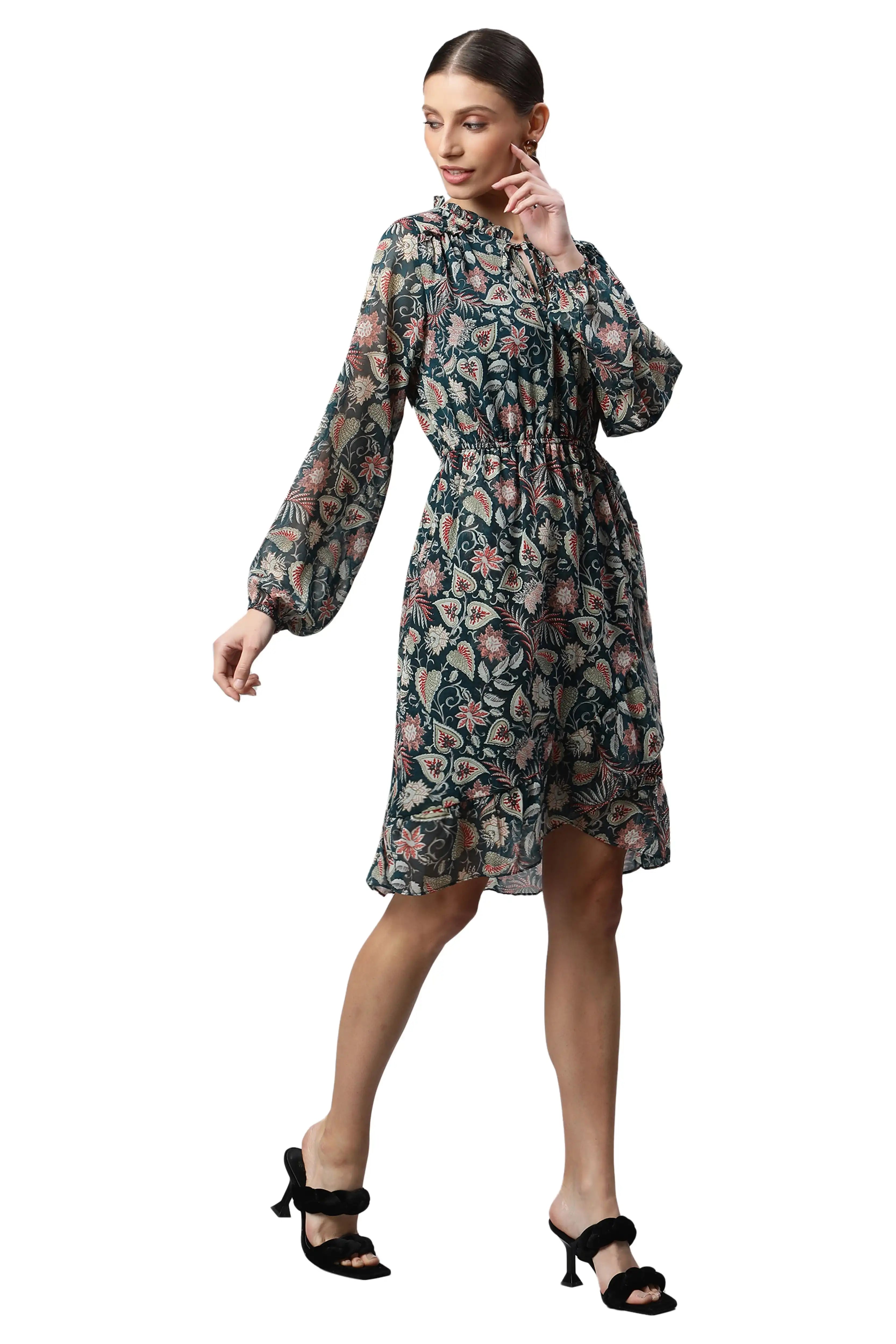 Bottle Green Floral Printed Dress