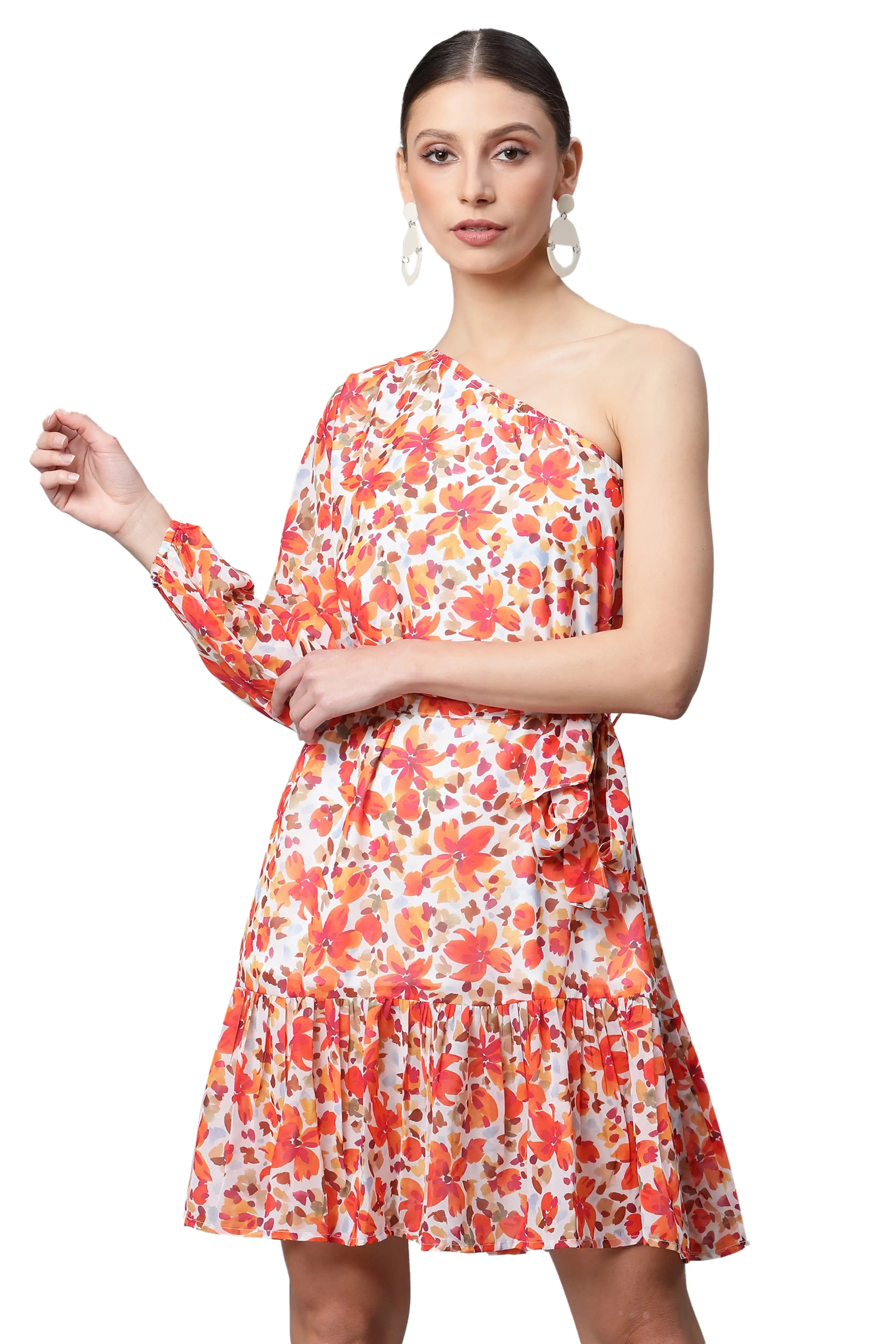 One-Shoulder Orange Floral Dress