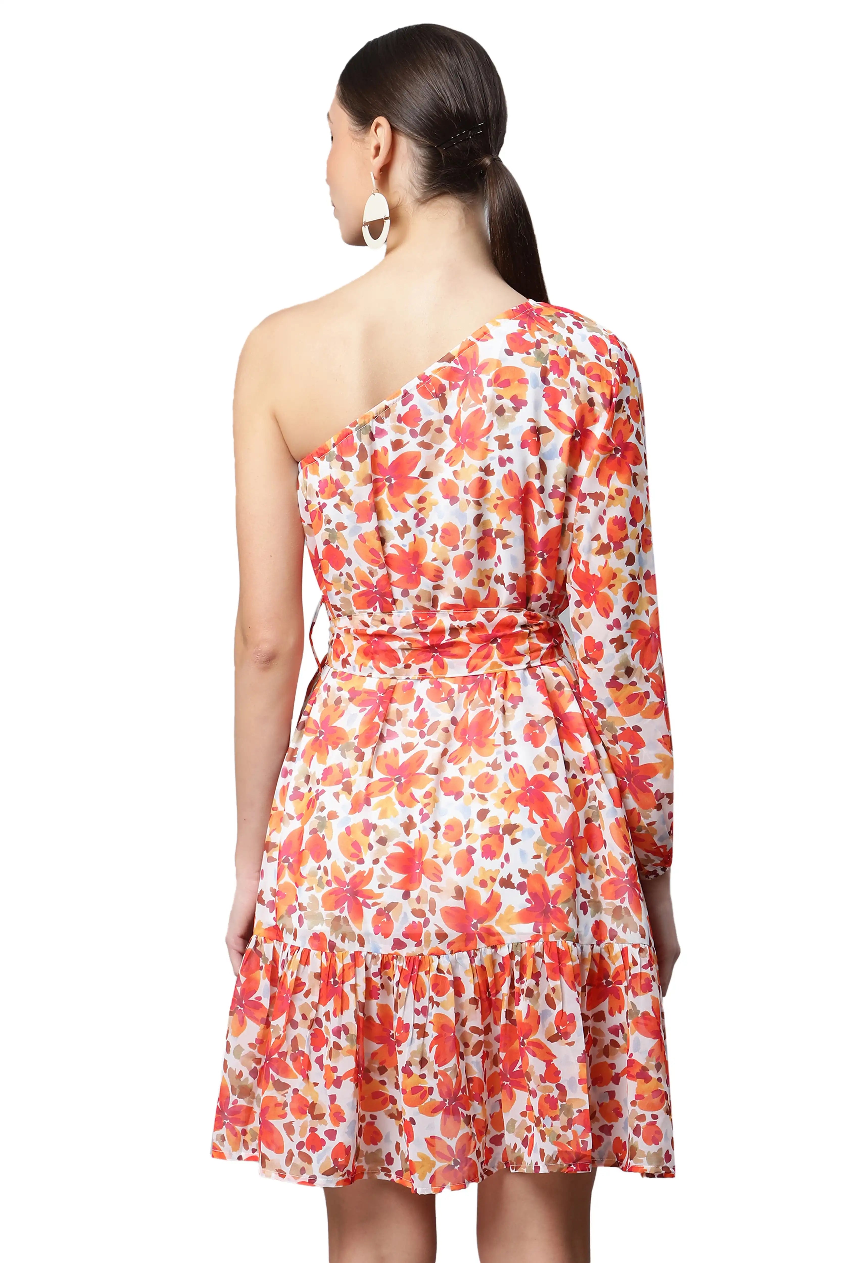 One-Shoulder Orange Floral Dress