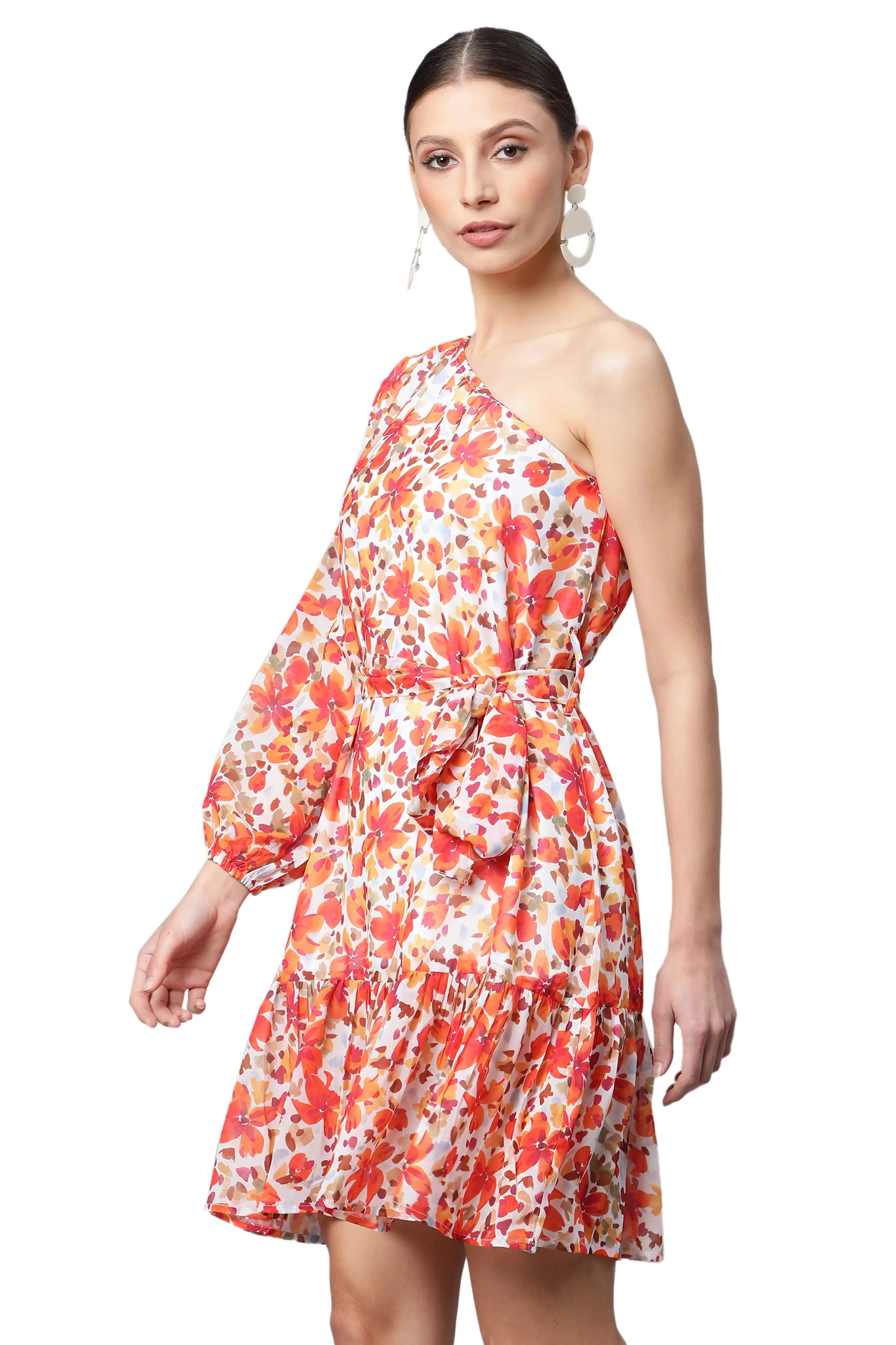 One-Shoulder Orange Floral Dress