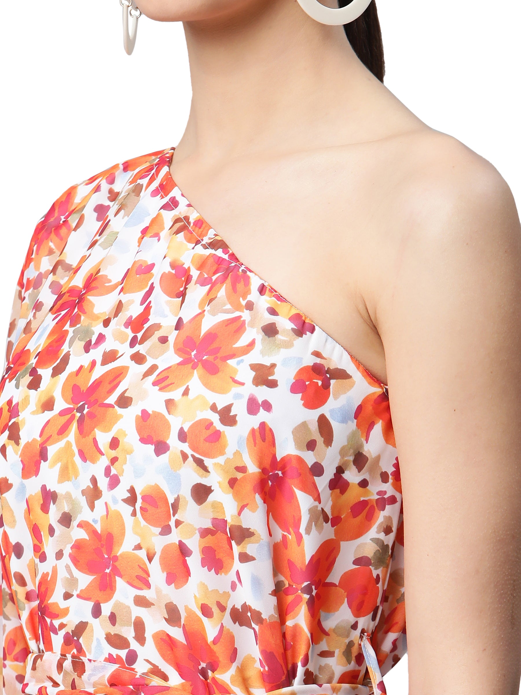 One-Shoulder Orange Floral Dress - Global Republic