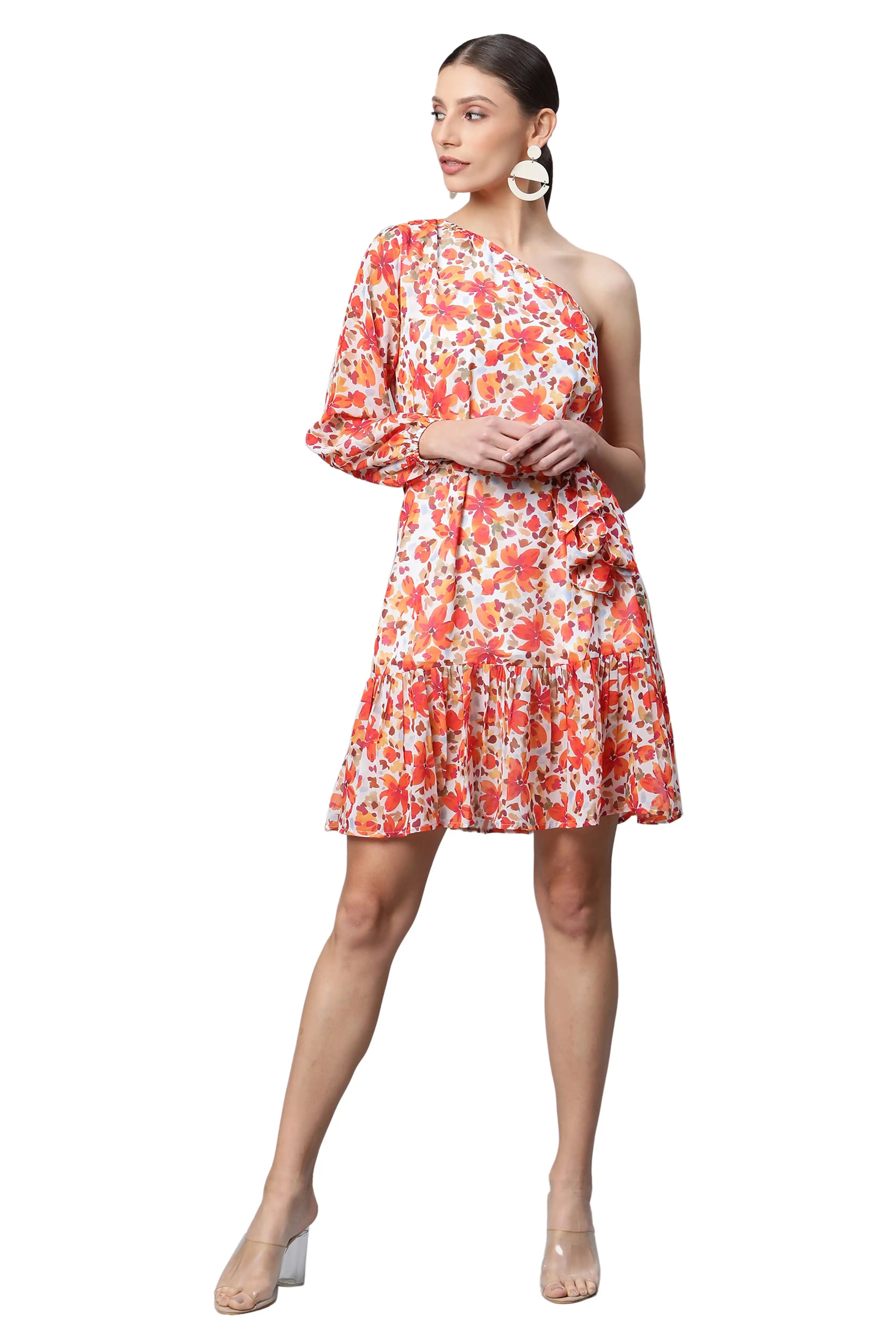 One-Shoulder Orange Floral Dress
